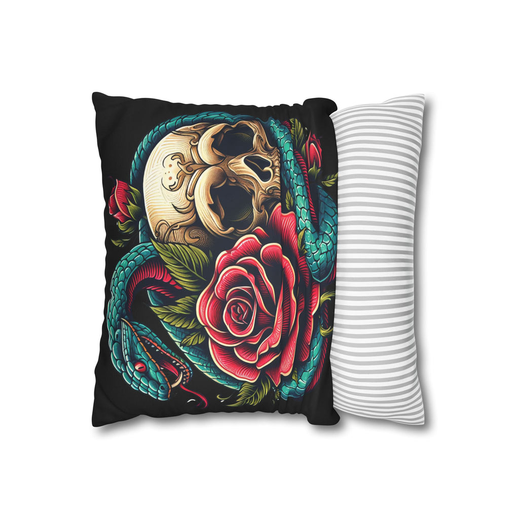 Gothic Skull, Rose & Snake Faux Suede Throw Pillow