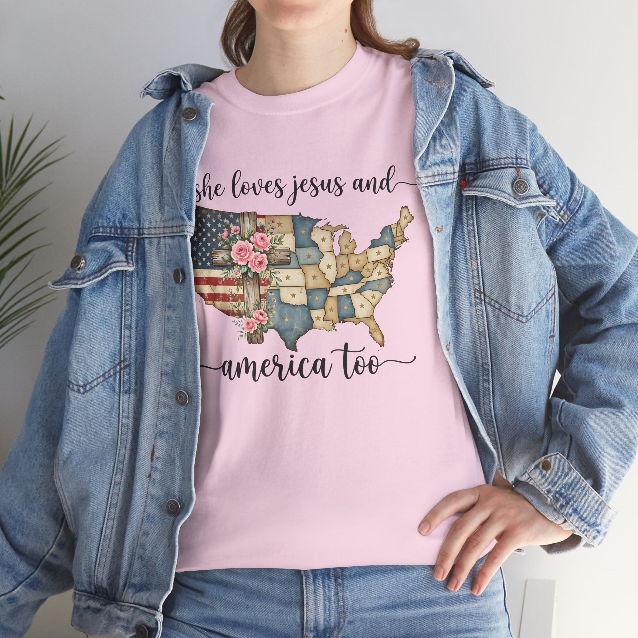 Patriotic Floral USA Tee - "She Loves Jesus and America Too" Christian Flag T-Shirt