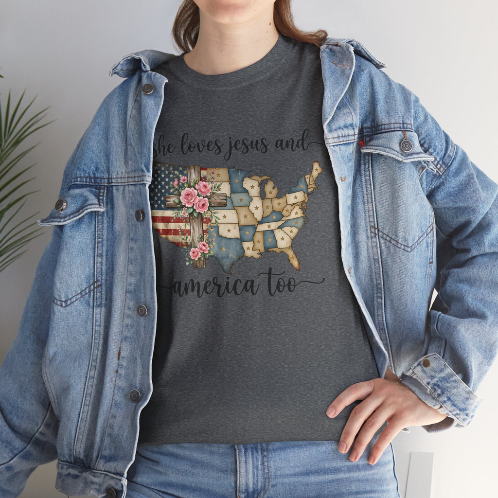 Patriotic Floral USA Tee - "She Loves Jesus and America Too" Christian Flag T-Shirt