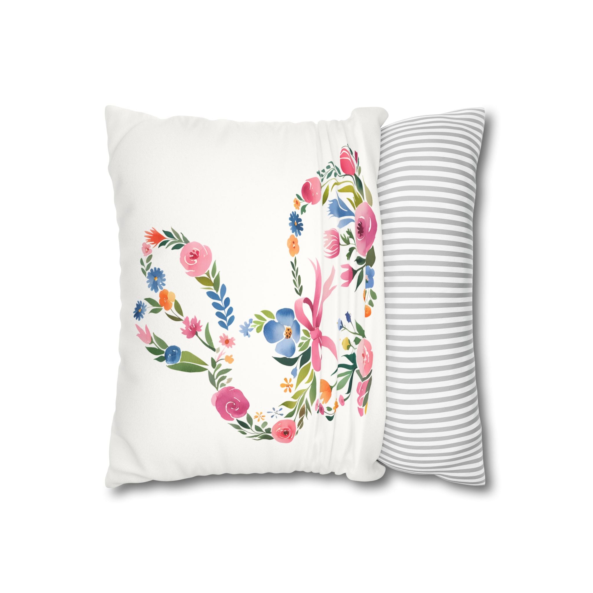 Floral Bunny Pillowcase — Faux Suede Square Decorative Throw Pillow