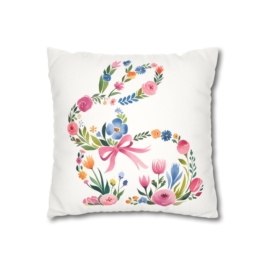 Floral Bunny Pillowcase — Faux Suede Square Decorative Throw Pillow