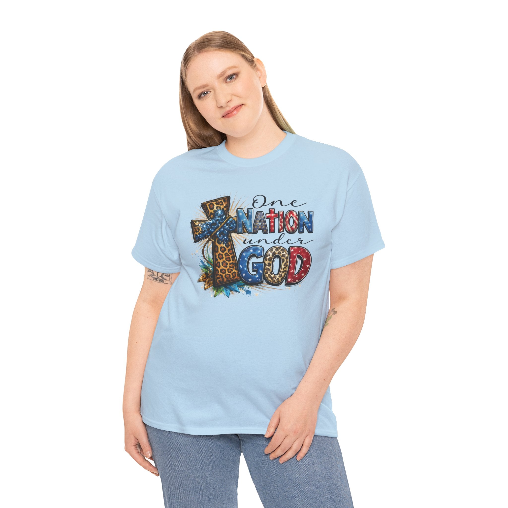 One Nation United Under God Tee — Patriotic Christian T-Shirt with Cross & Leopard Print