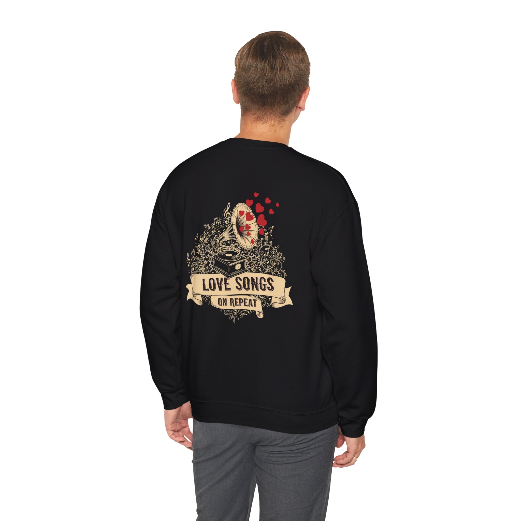 Love Songs Crewneck Sweatshirt — Vintage Gramophone "Love Songs on Repeat"