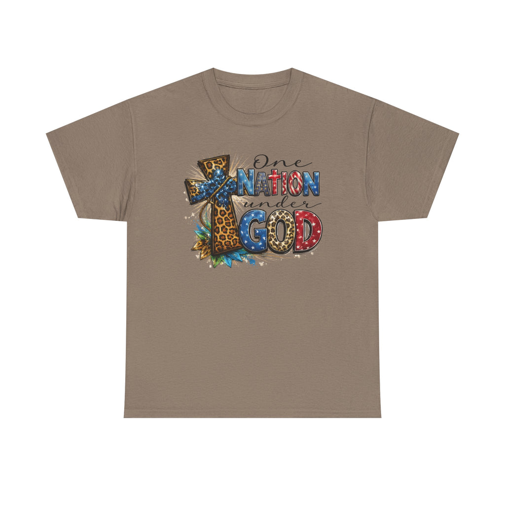 One Nation United Under God Tee — Patriotic Christian T-Shirt with Cross & Leopard Print