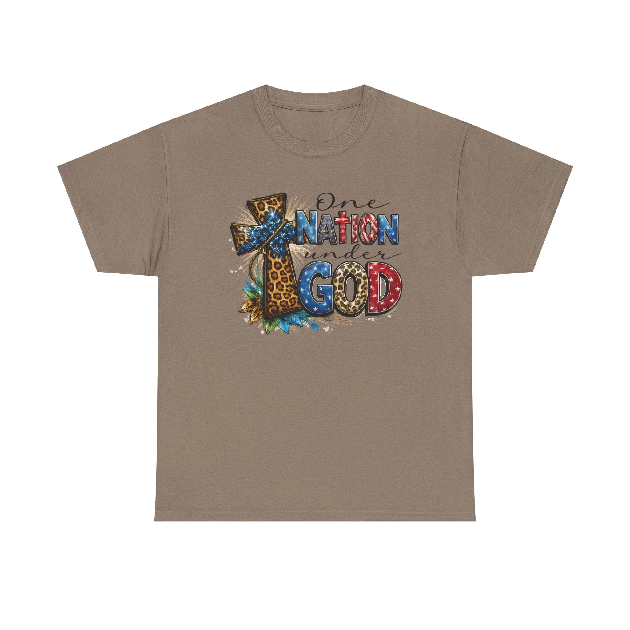 One Nation United Under God Tee — Patriotic Christian T-Shirt with Cross & Leopard Print