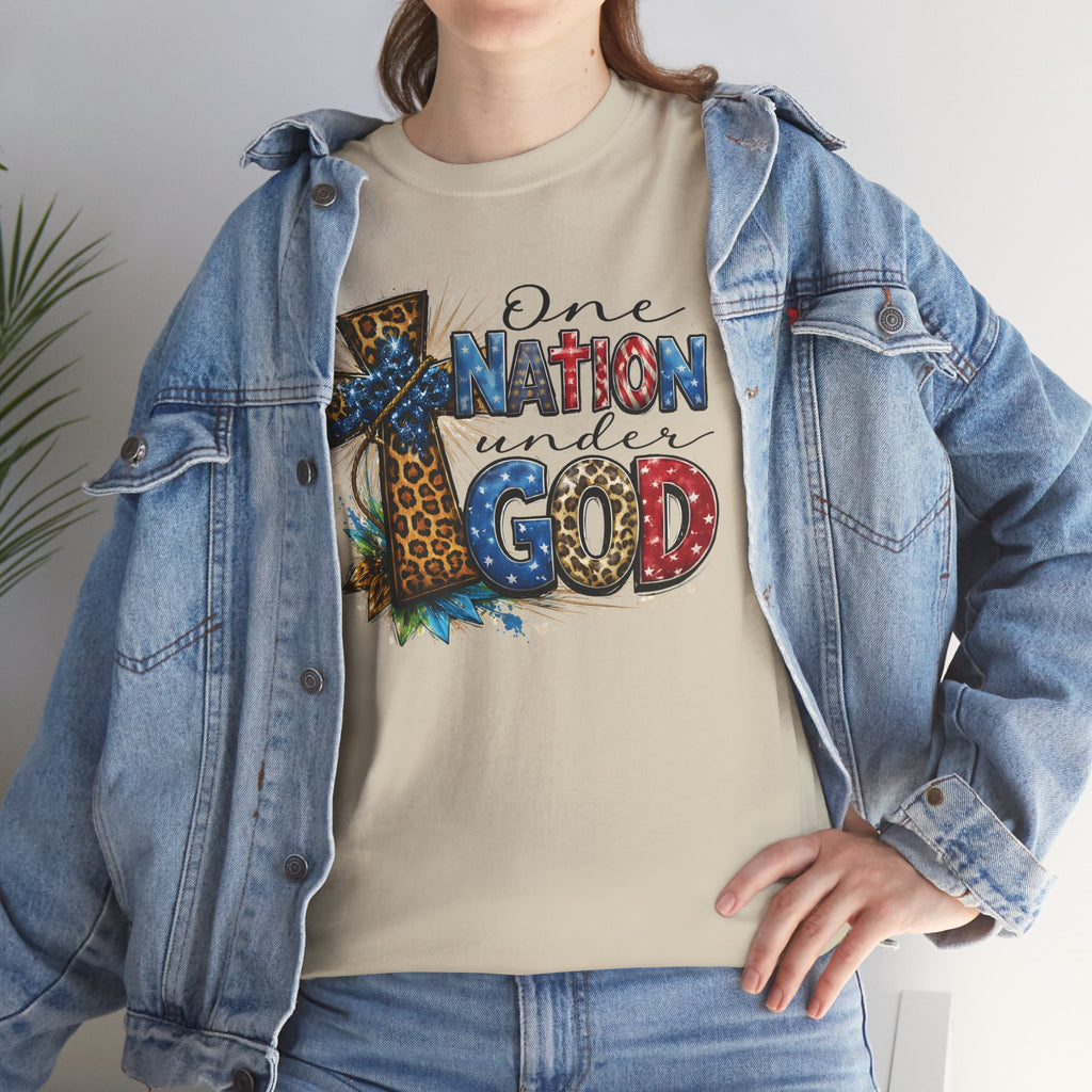 One Nation United Under God Tee — Patriotic Christian T-Shirt with Cross & Leopard Print