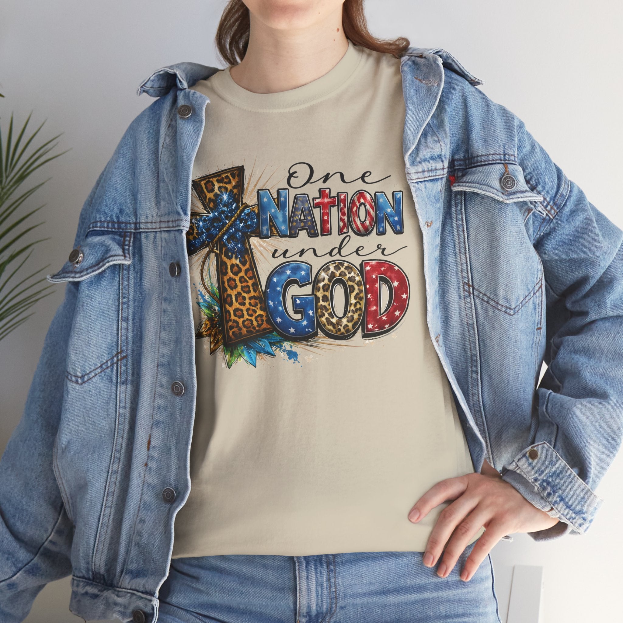 One Nation United Under God Tee — Patriotic Christian T-Shirt with Cross & Leopard Print