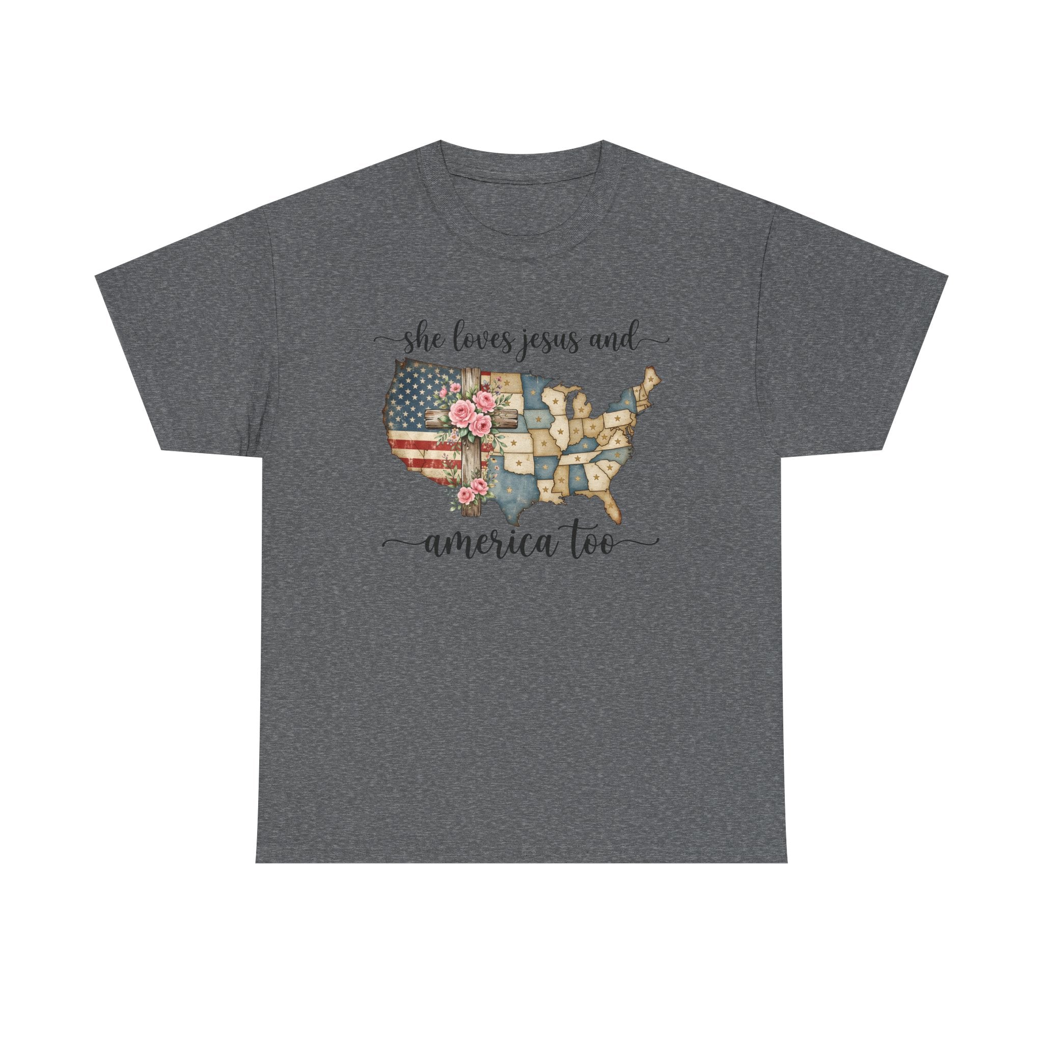 Patriotic Floral USA Tee - "She Loves Jesus and America Too" Christian Flag T-Shirt