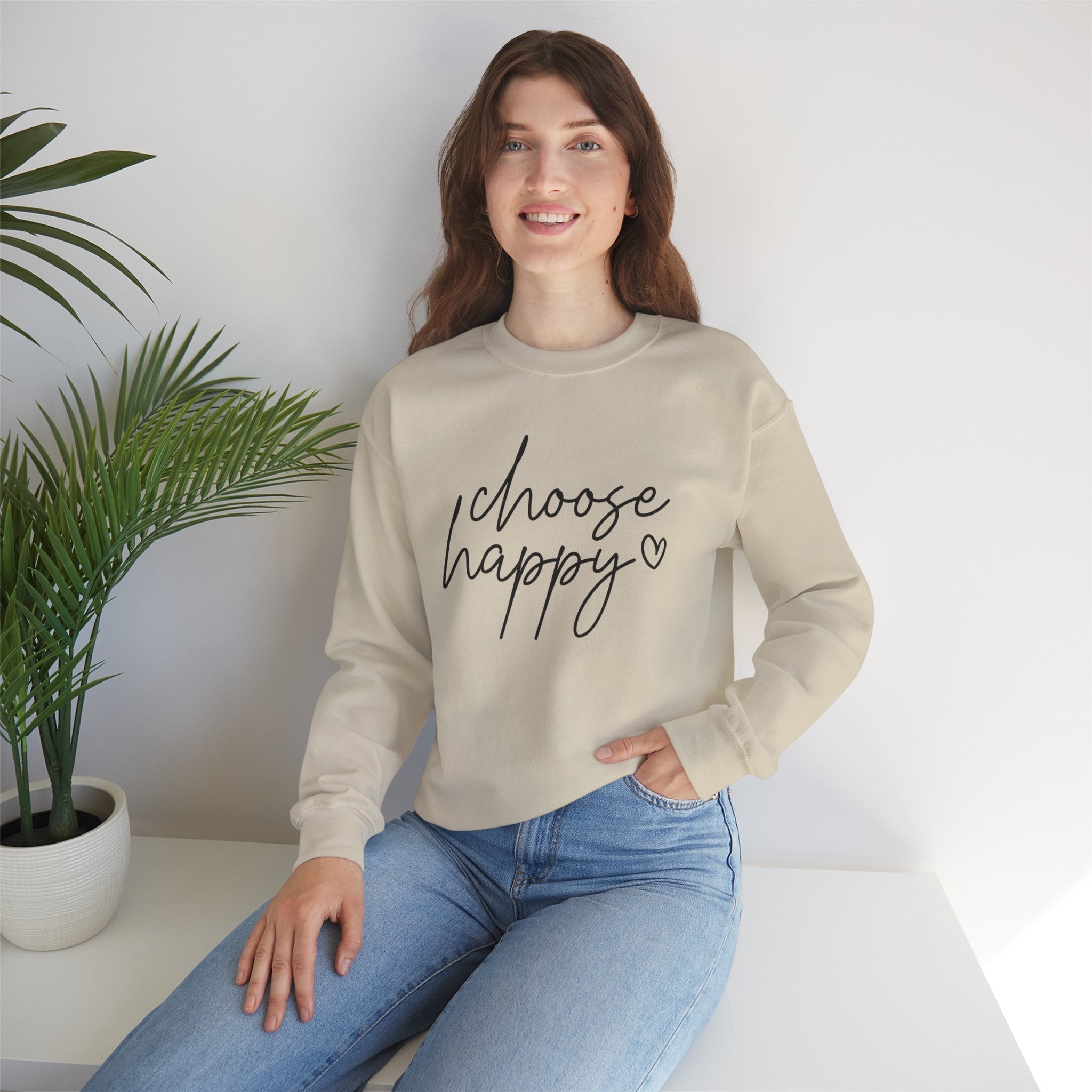 Choose Happy Crewneck Sweatshirt — Cozy Inspirational Pullover with Script Heart