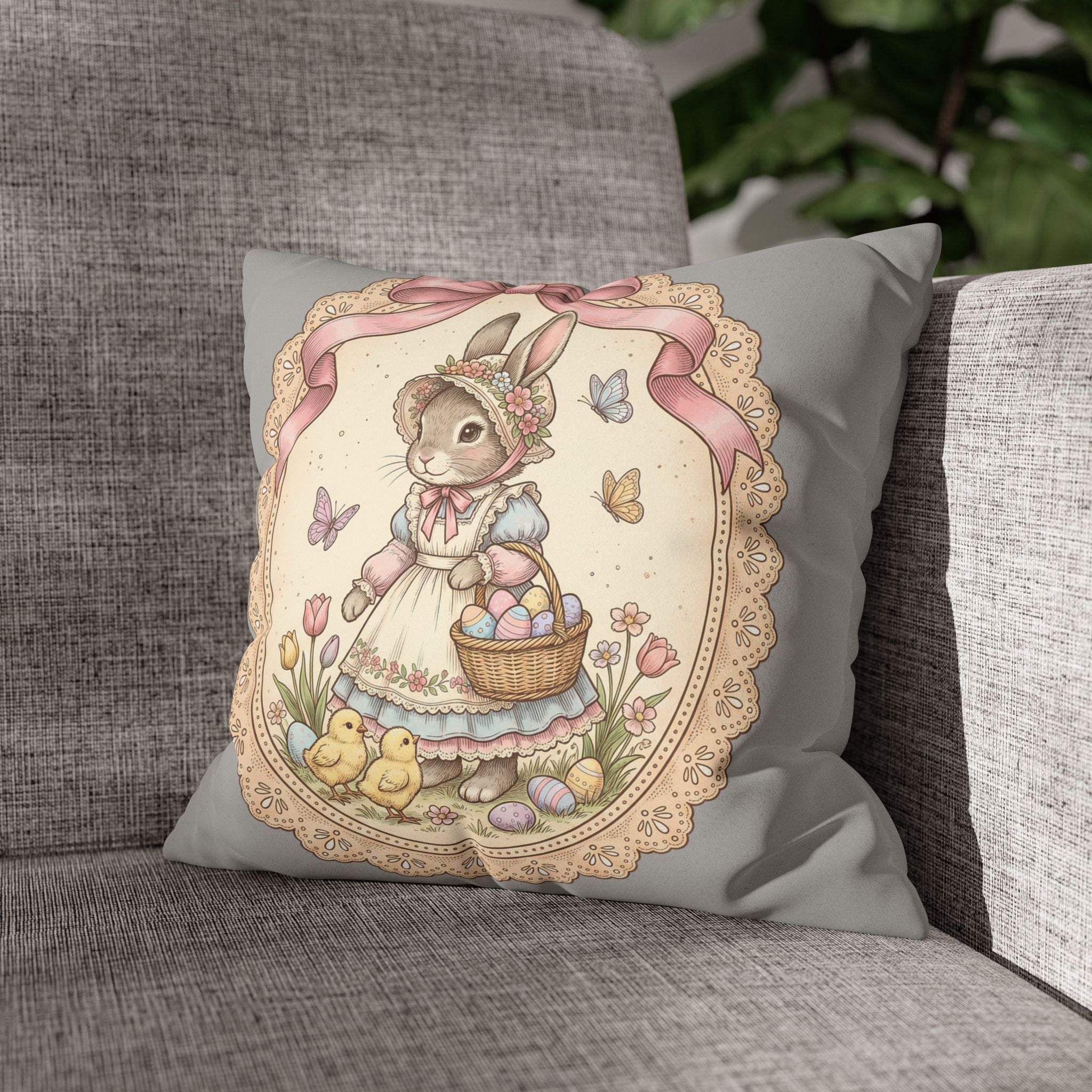 Easter Bunny Vintage Lace Faux Suede Pillowcase