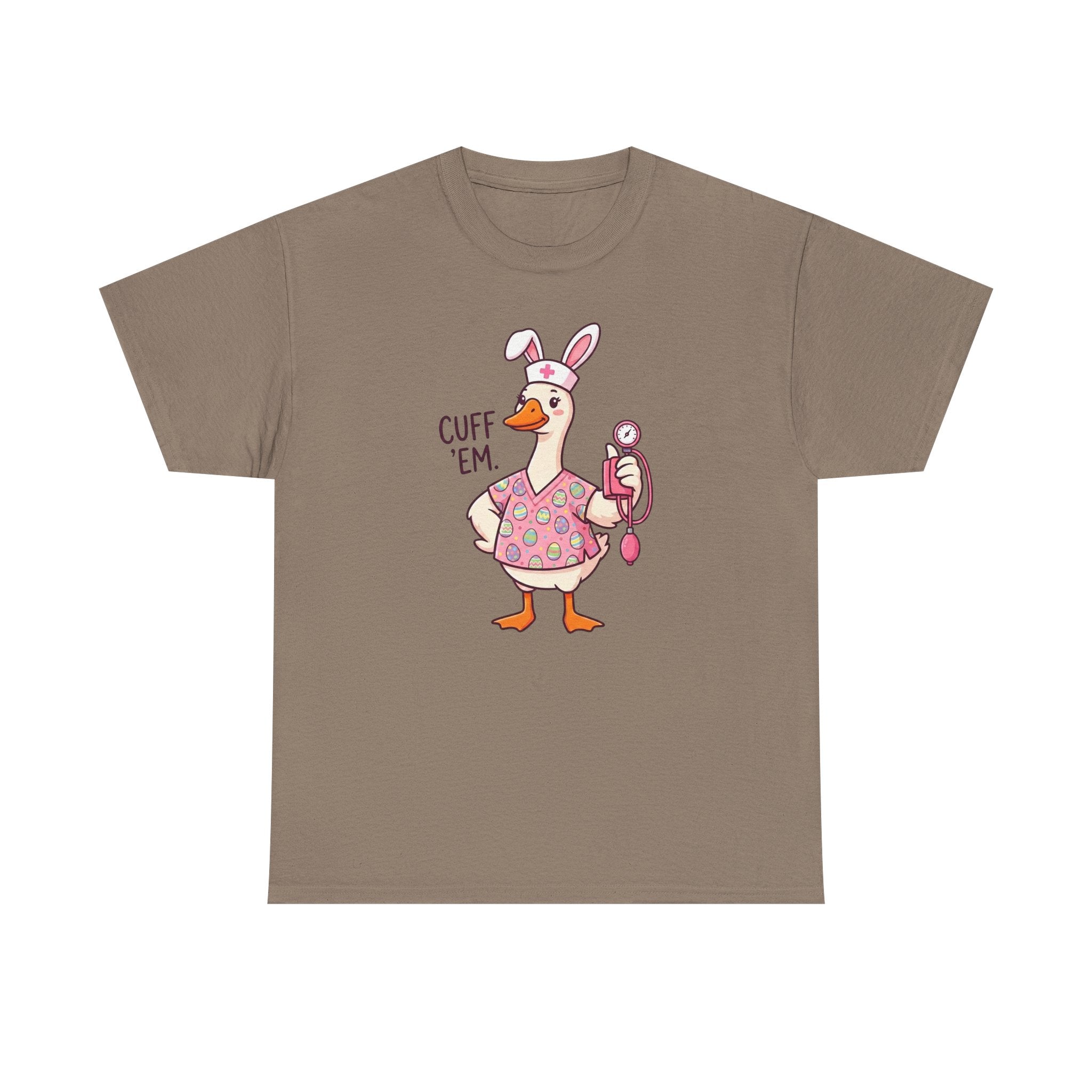 Nurse Goose in Bunny Costume T‑Shirt — "Cuff 'Em" Cute Novelty Tee