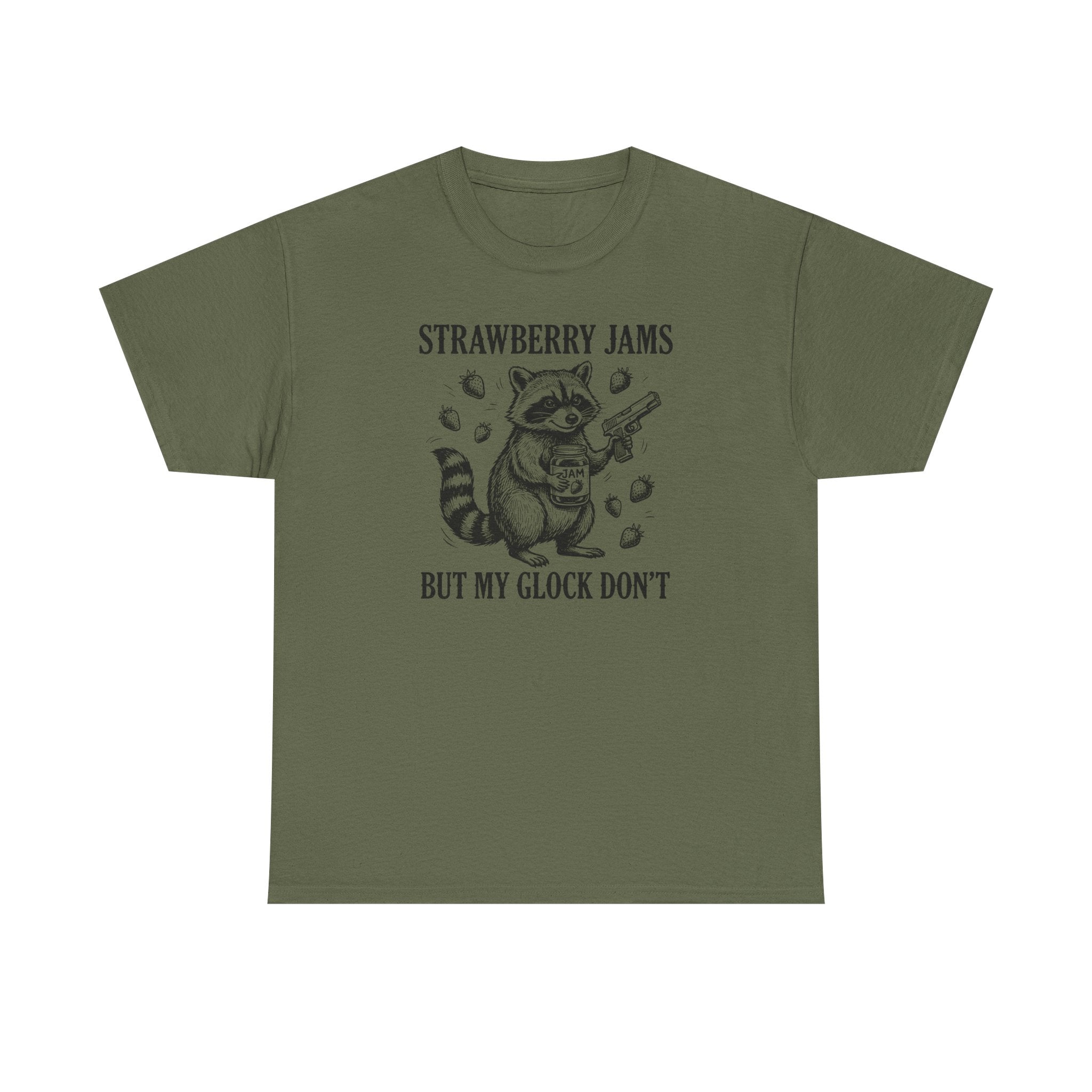 Strawberry Jams But My Glock Don’t T-Shirt — Funny Raccoon Gun Graphic Tee