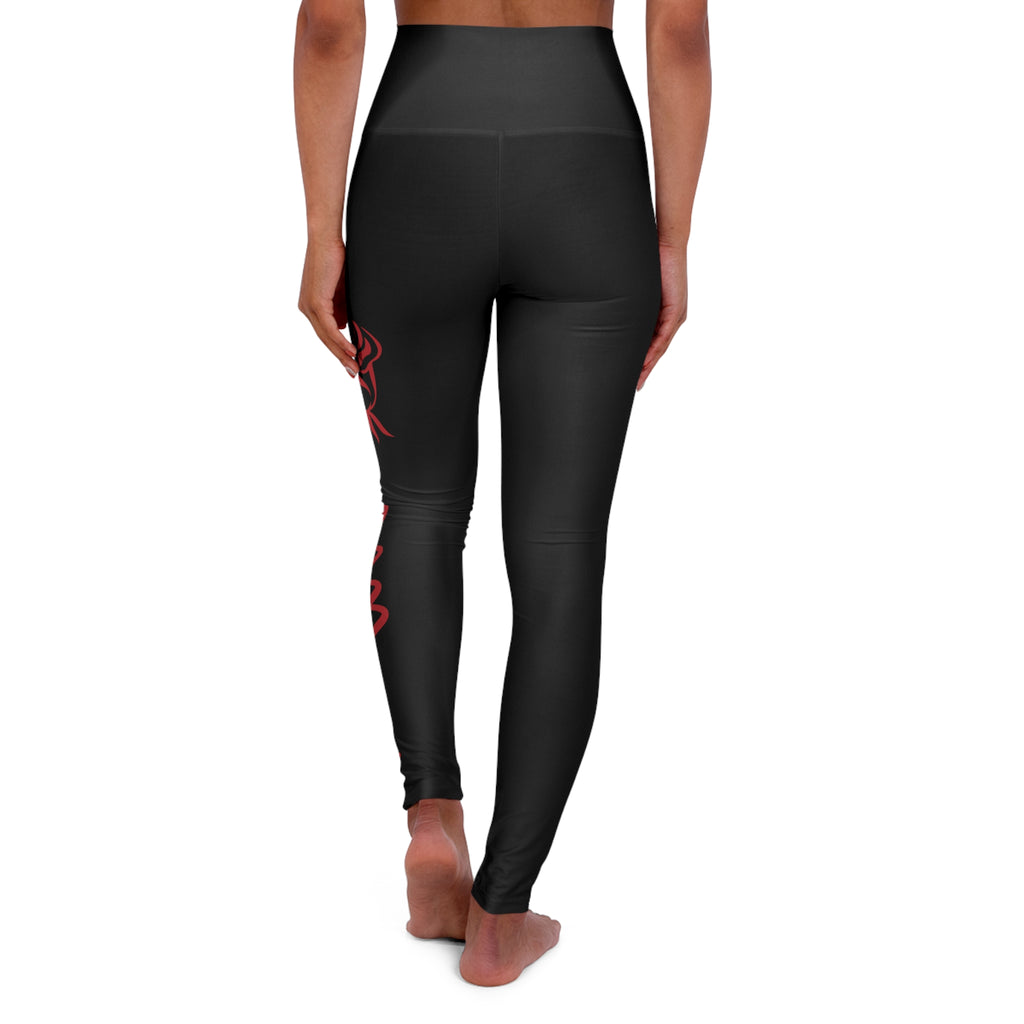 High-Waisted Yoga Leggings — Black with Red Script Love And Rose Side Graphic