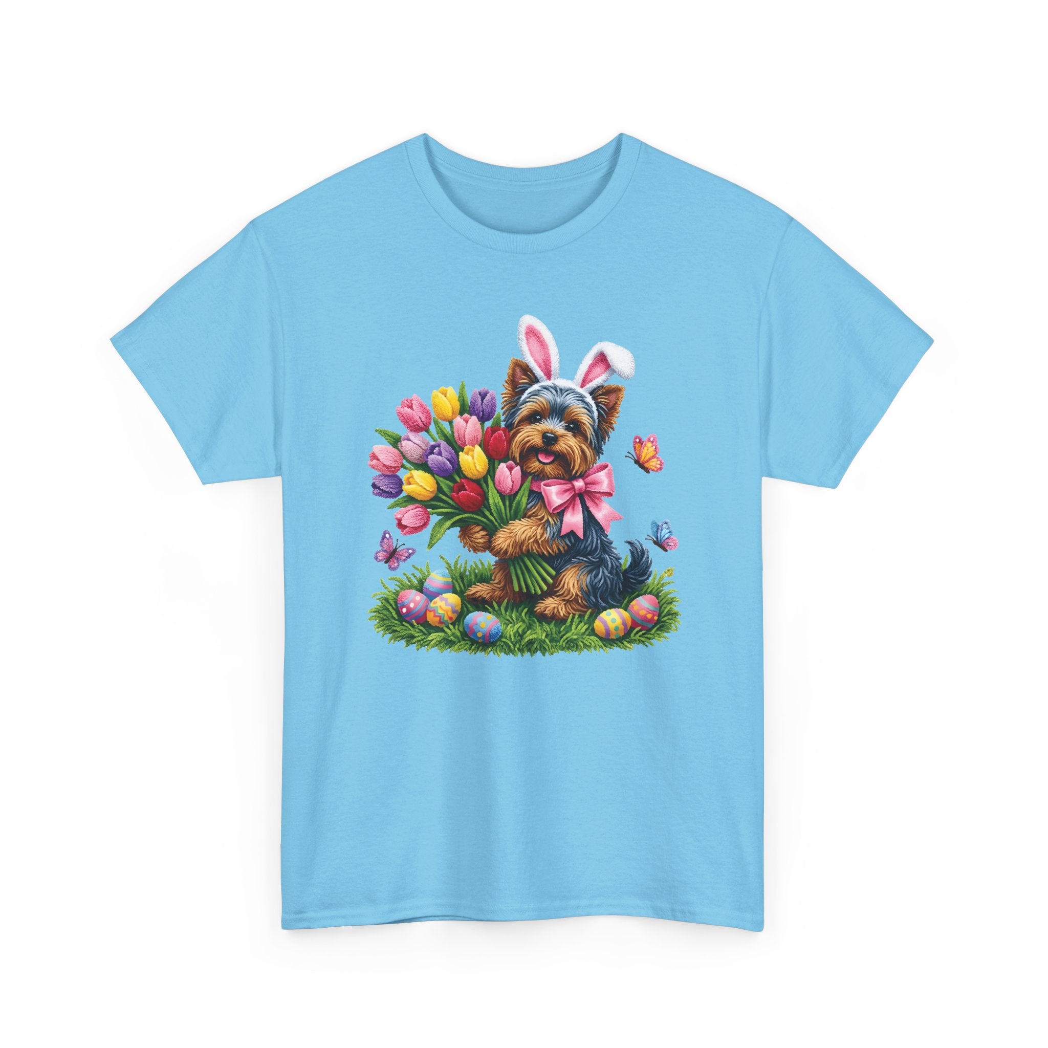 Easter Yorkie Tee — Cute Puppy with Tulips & Bunny Ears Graphic Shirt