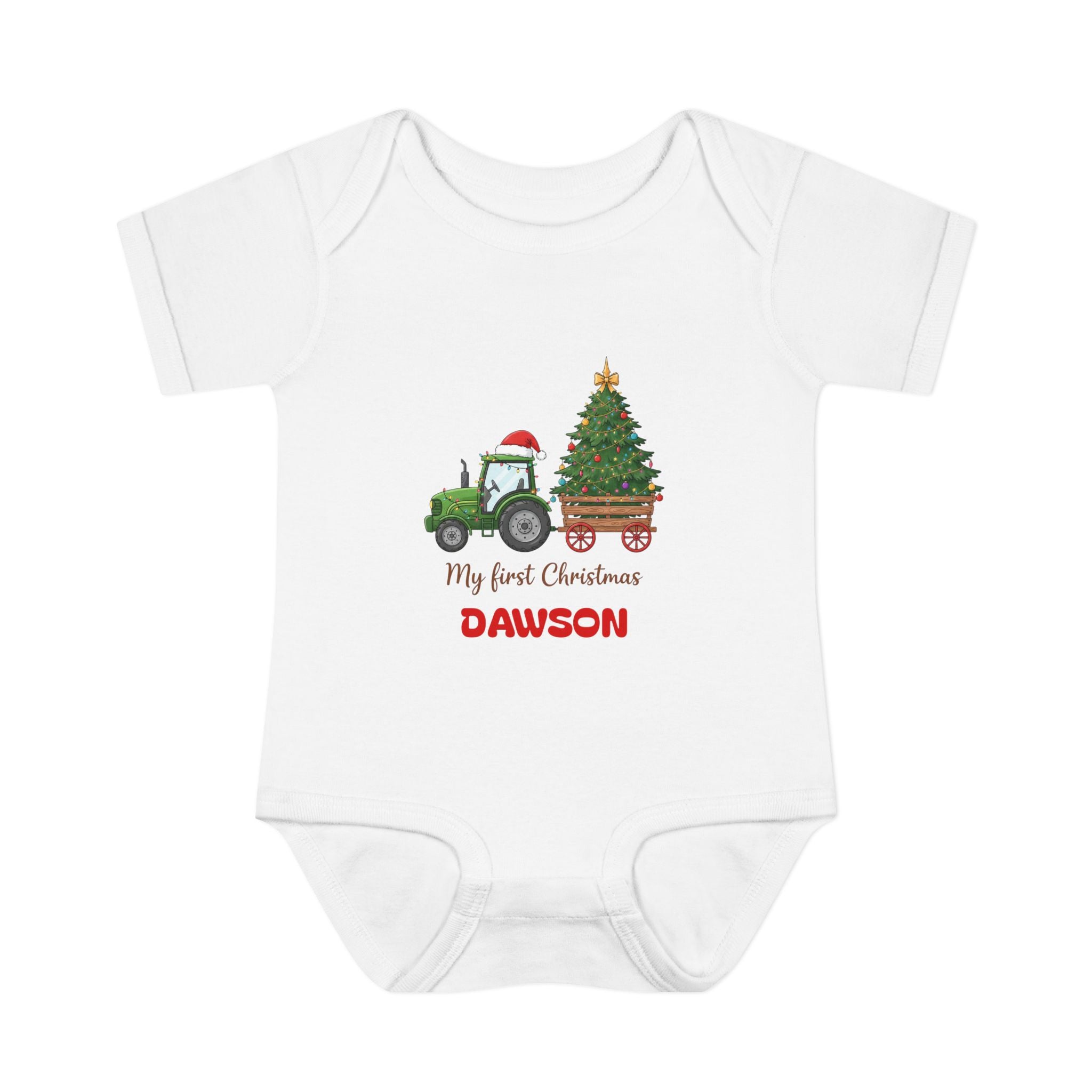 Personalized "My First Christmas" Baby Bodysuit — Tractor & Tree Infant Onesie