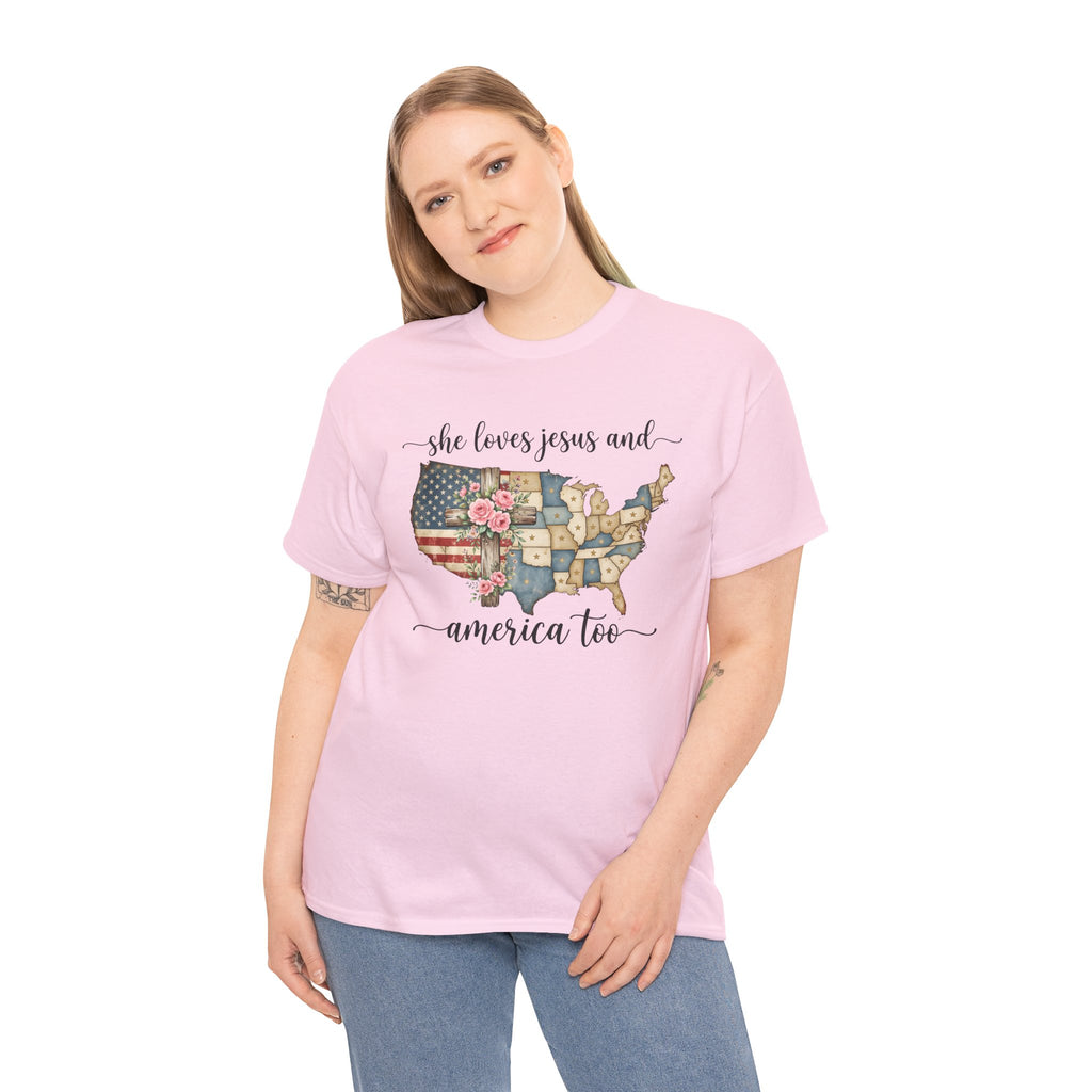Patriotic Floral USA Tee - "She Loves Jesus and America Too" Christian Flag T-Shirt