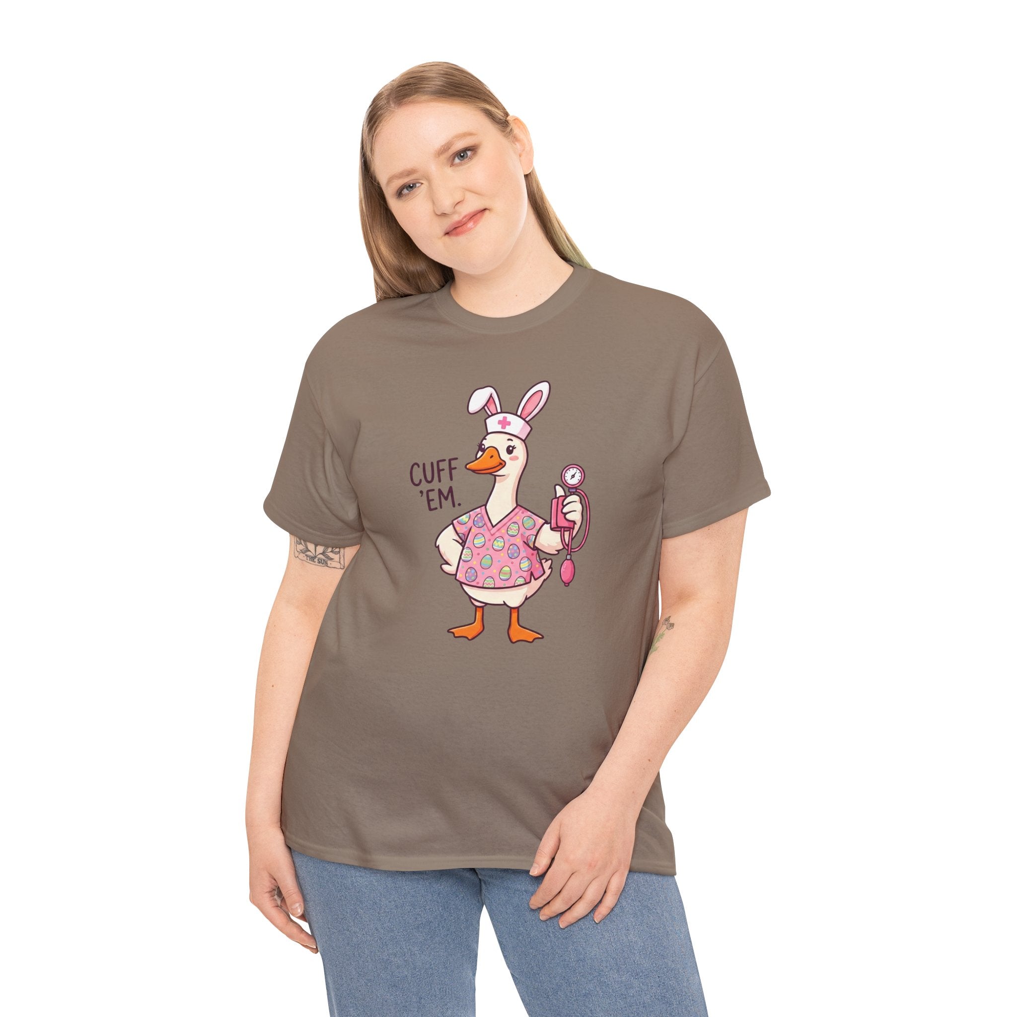 Nurse Goose in Bunny Costume T‑Shirt — "Cuff 'Em" Cute Novelty Tee