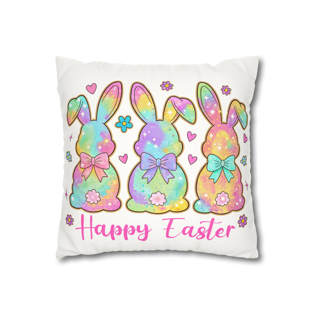 Easter Bunny Pillowcase – Pastel Rainbow "Happy Easter" Faux Suede Throw Pillow Cover