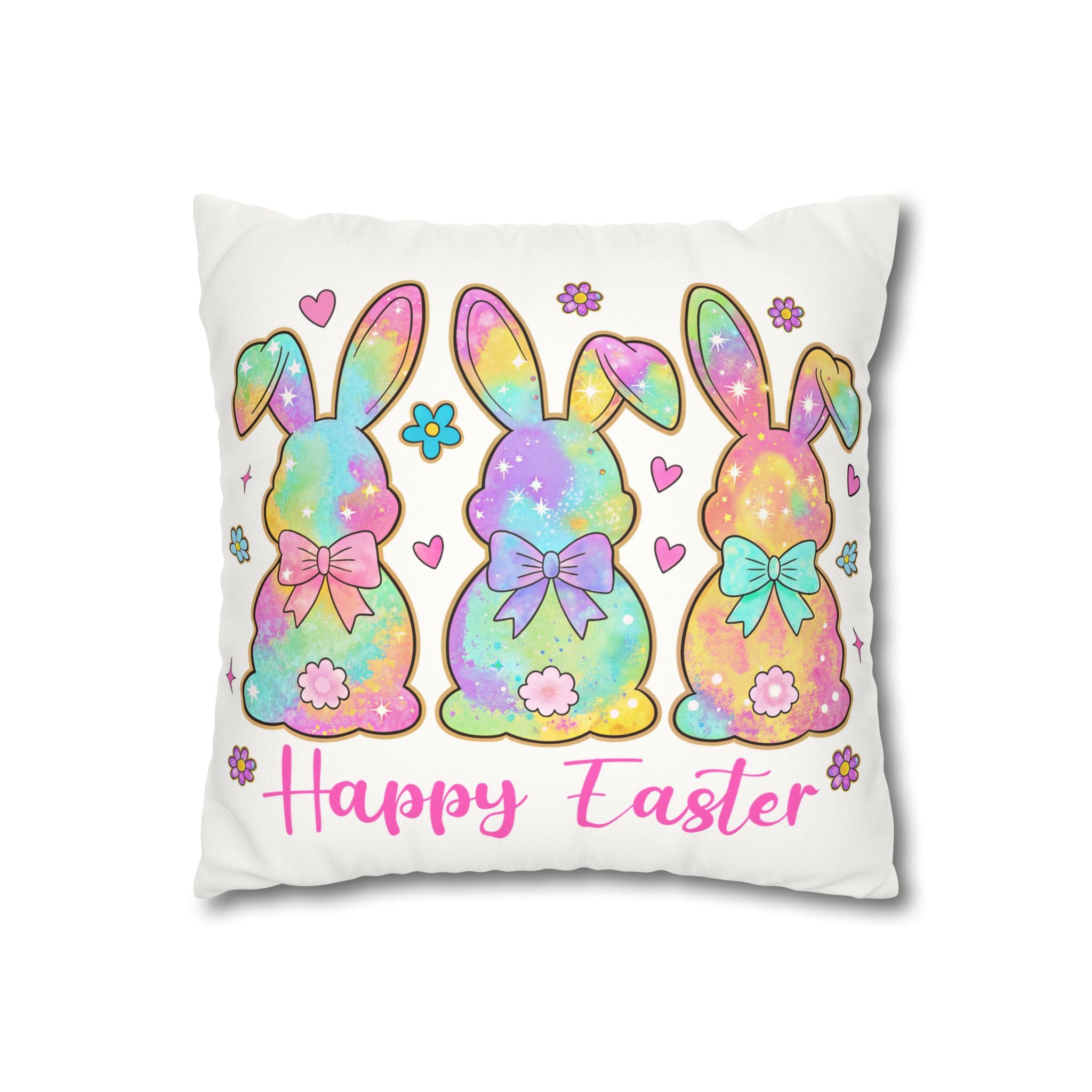 Easter Bunny Pillowcase – Pastel Rainbow "Happy Easter" Faux Suede Throw Pillow Cover