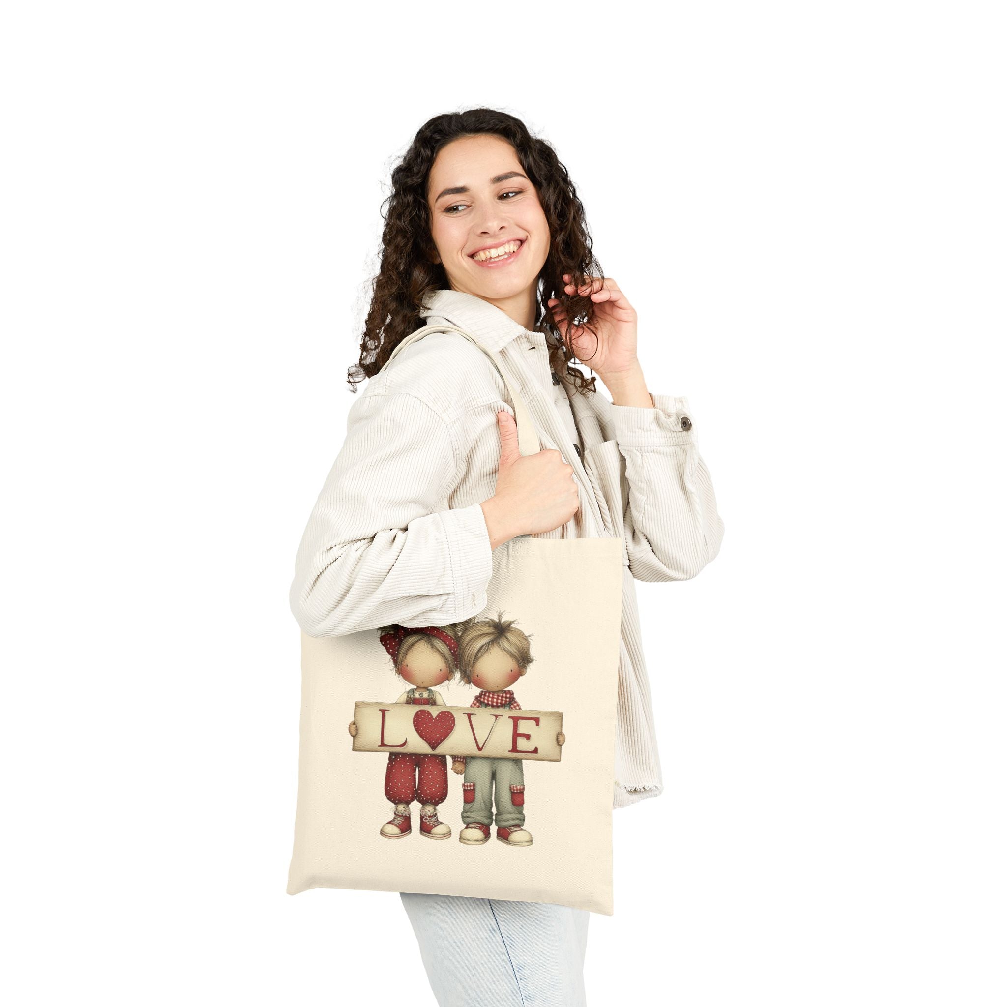Tote Bag — Cute Boy & Girl 'LOVE' Canvas Tote, Romantic Valentine Gift