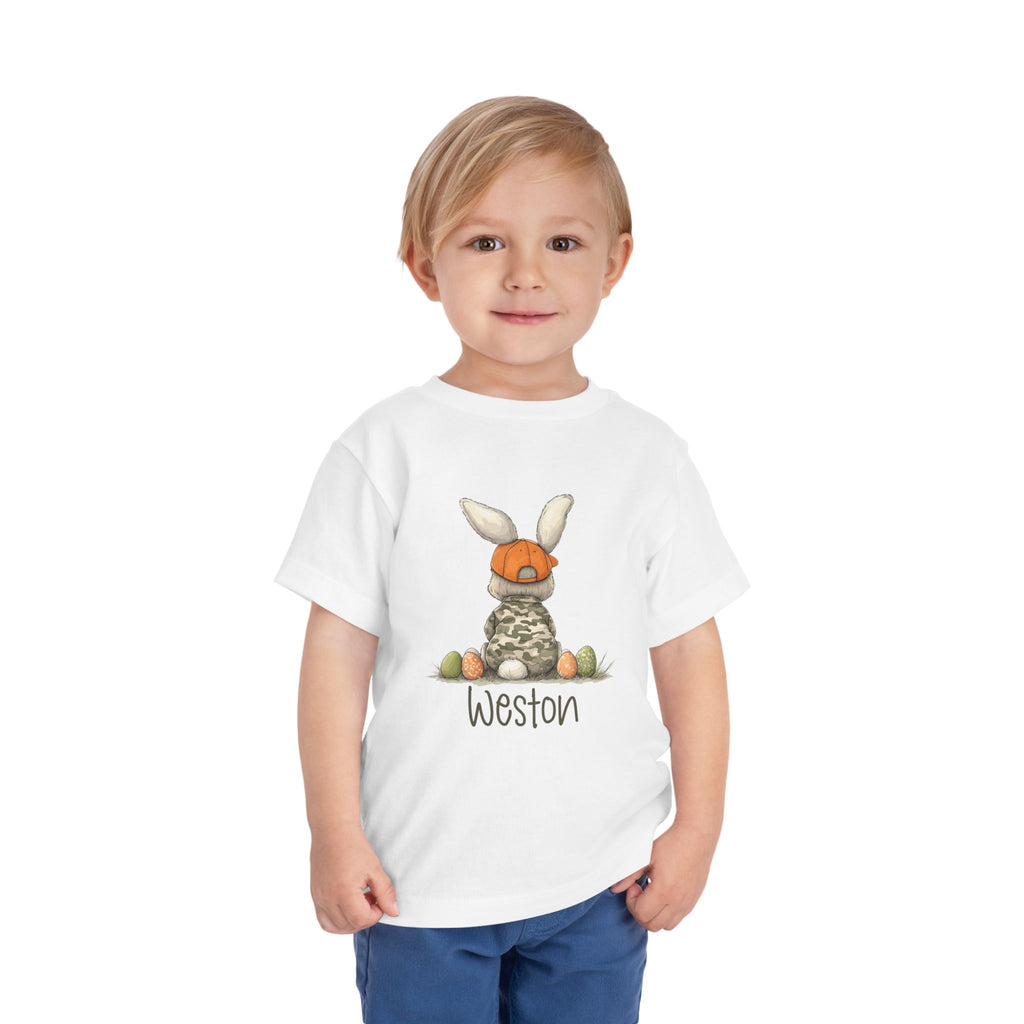 Personalized Toddler Tee — Camouflage Bunny with Orange Cap (Name Customizable)