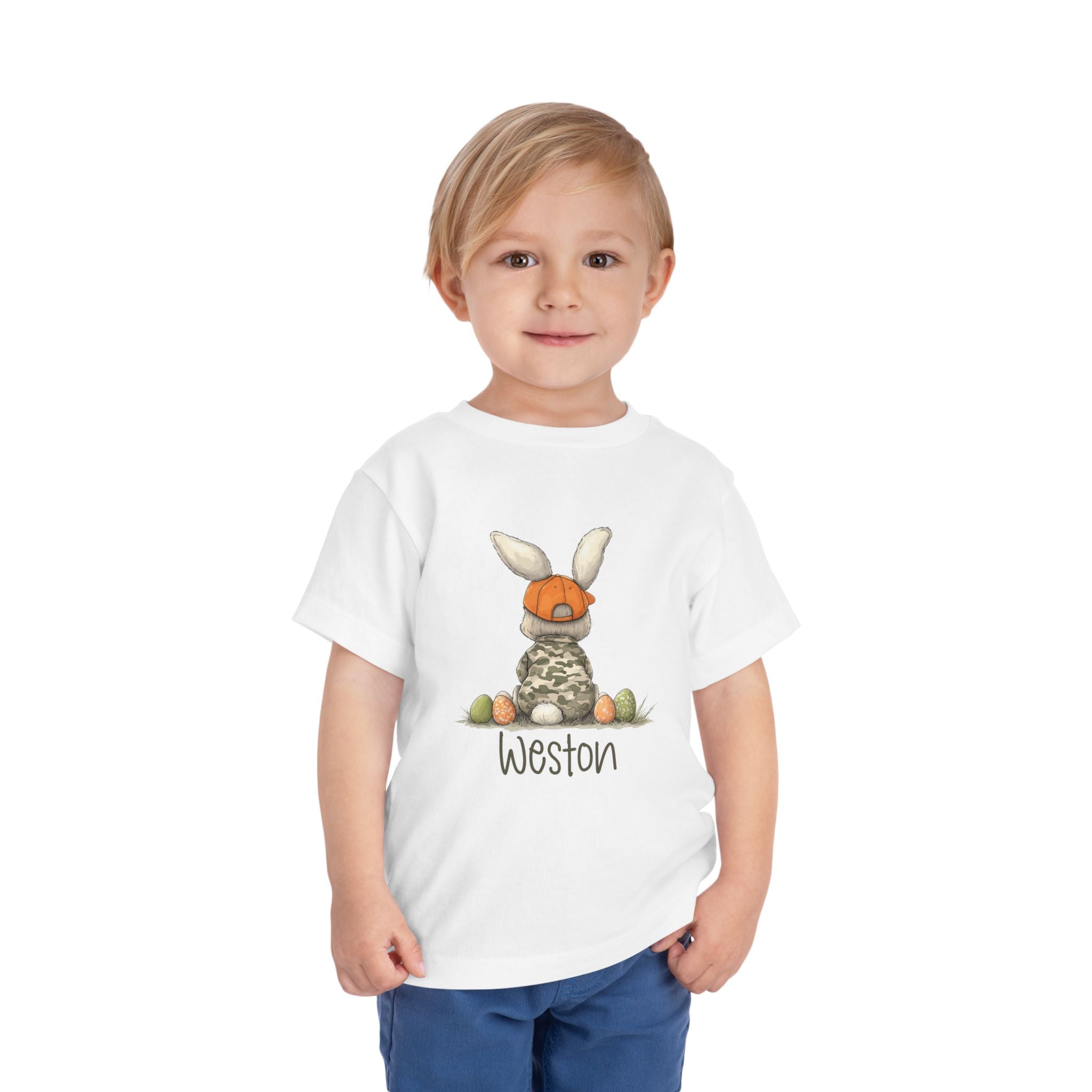Personalized Toddler Tee — Camouflage Bunny with Orange Cap (Name Customizable)