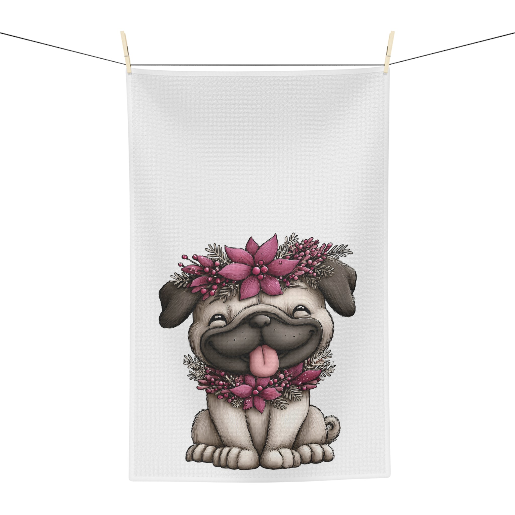 Adorable Christmas Pug Floral Microfiber Tea Towel
