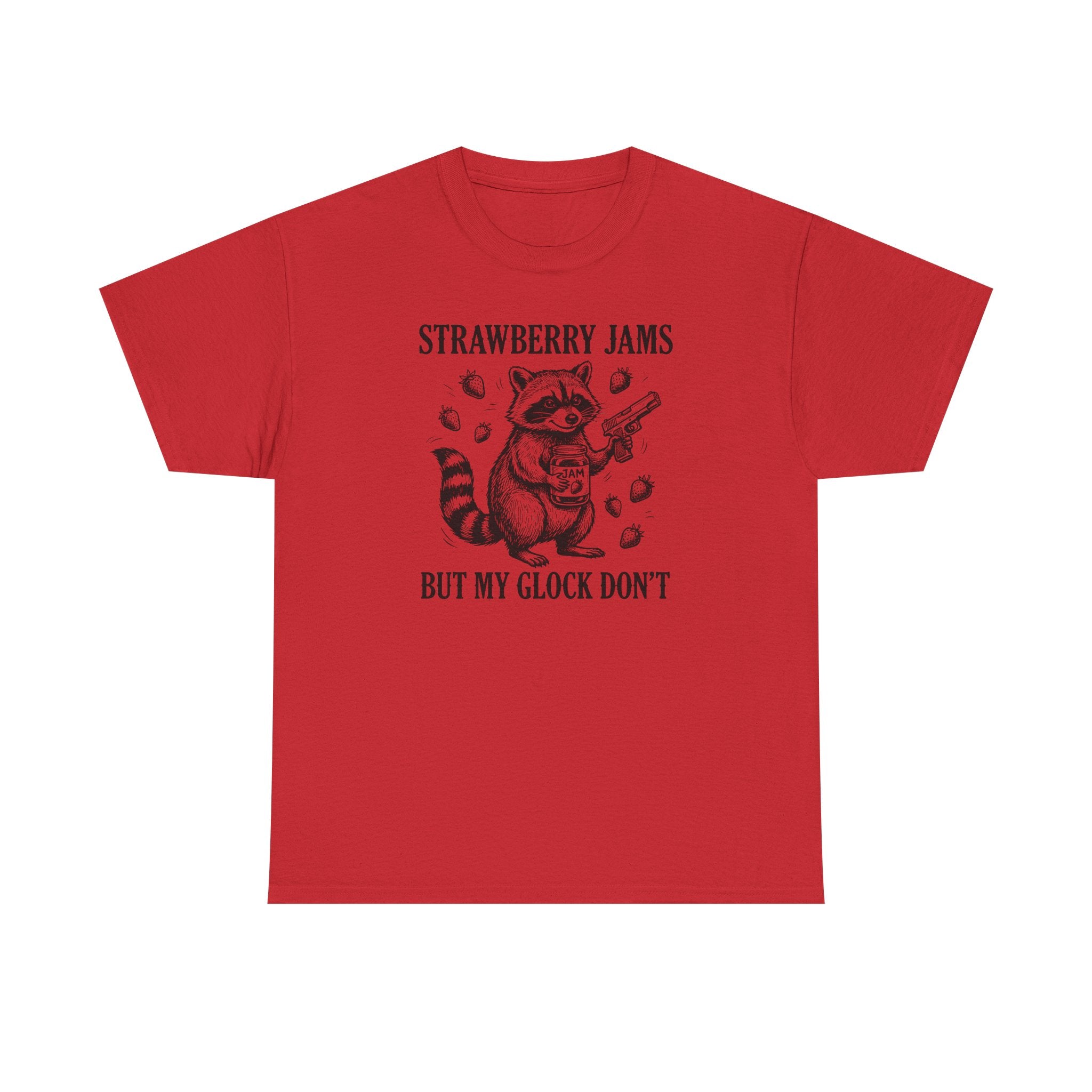 Strawberry Jams But My Glock Don’t T-Shirt — Funny Raccoon Gun Graphic Tee