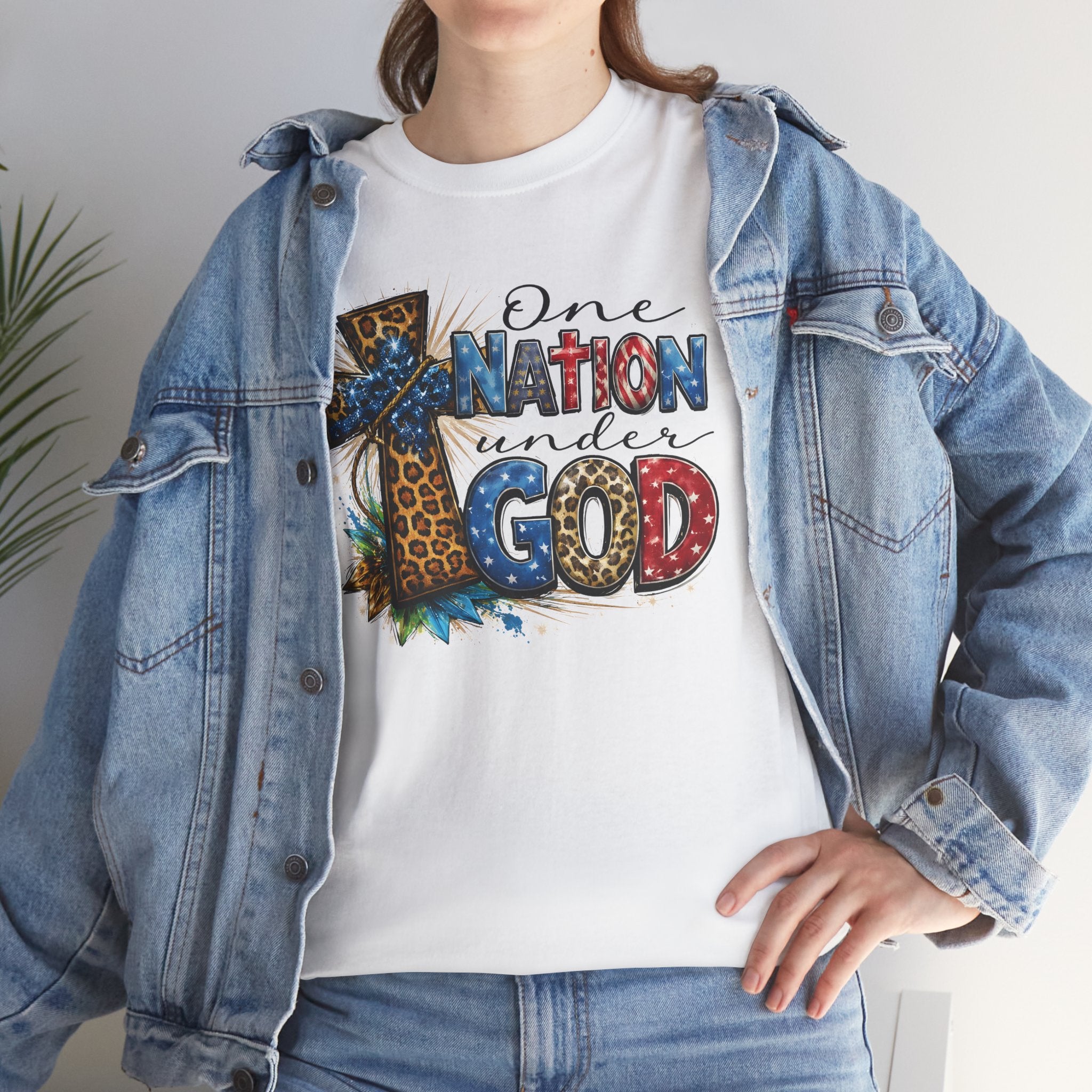 One Nation United Under God Tee — Patriotic Christian T-Shirt with Cross & Leopard Print