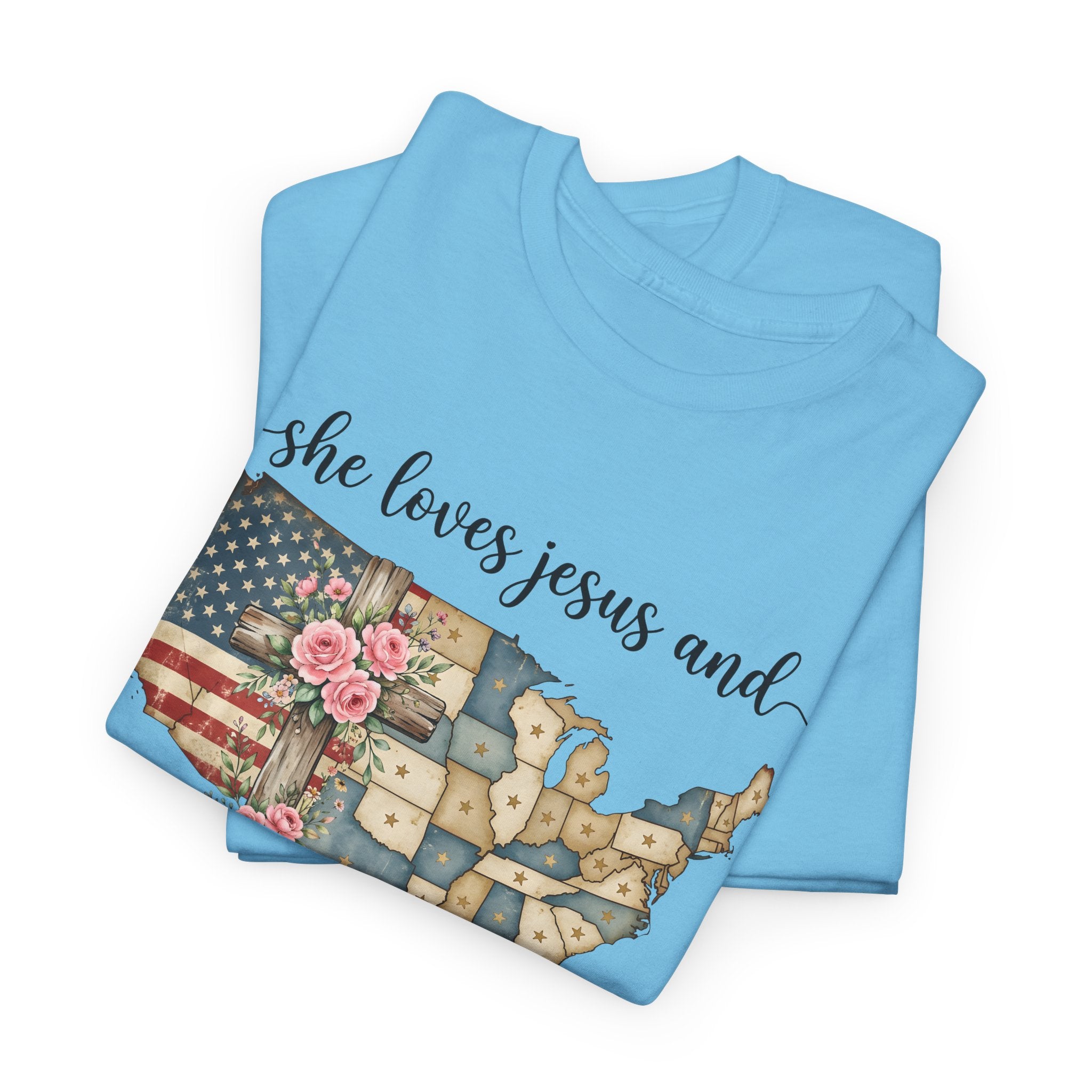 Patriotic Floral USA Tee - "She Loves Jesus and America Too" Christian Flag T-Shirt