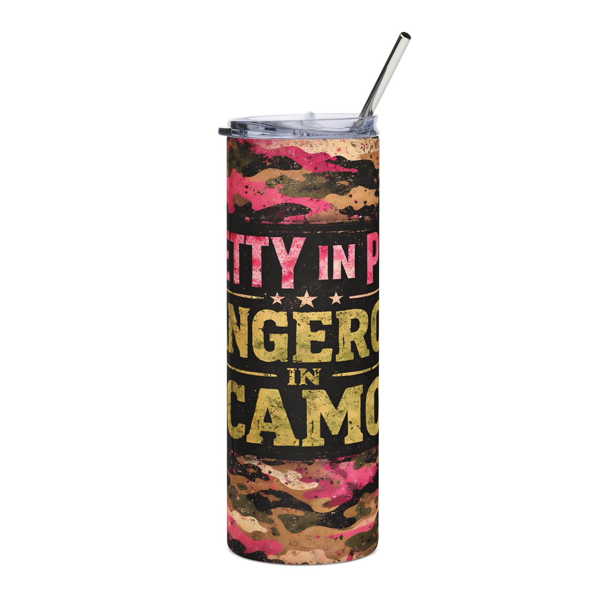 “Pretty in Pink, Dangerous in Camo” 20oz Stainless Steel Travel Cup Tumbler