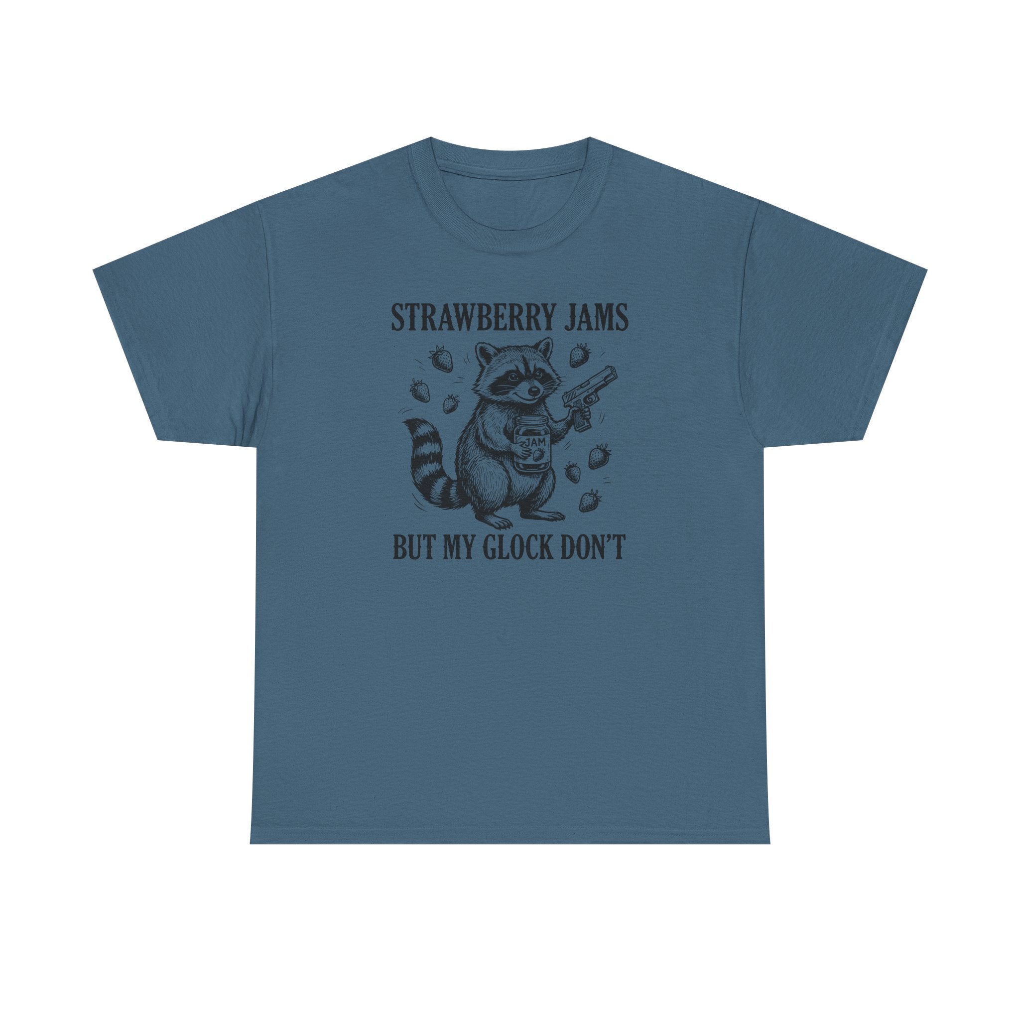 Strawberry Jams But My Glock Don’t T-Shirt — Funny Raccoon Gun Graphic Tee