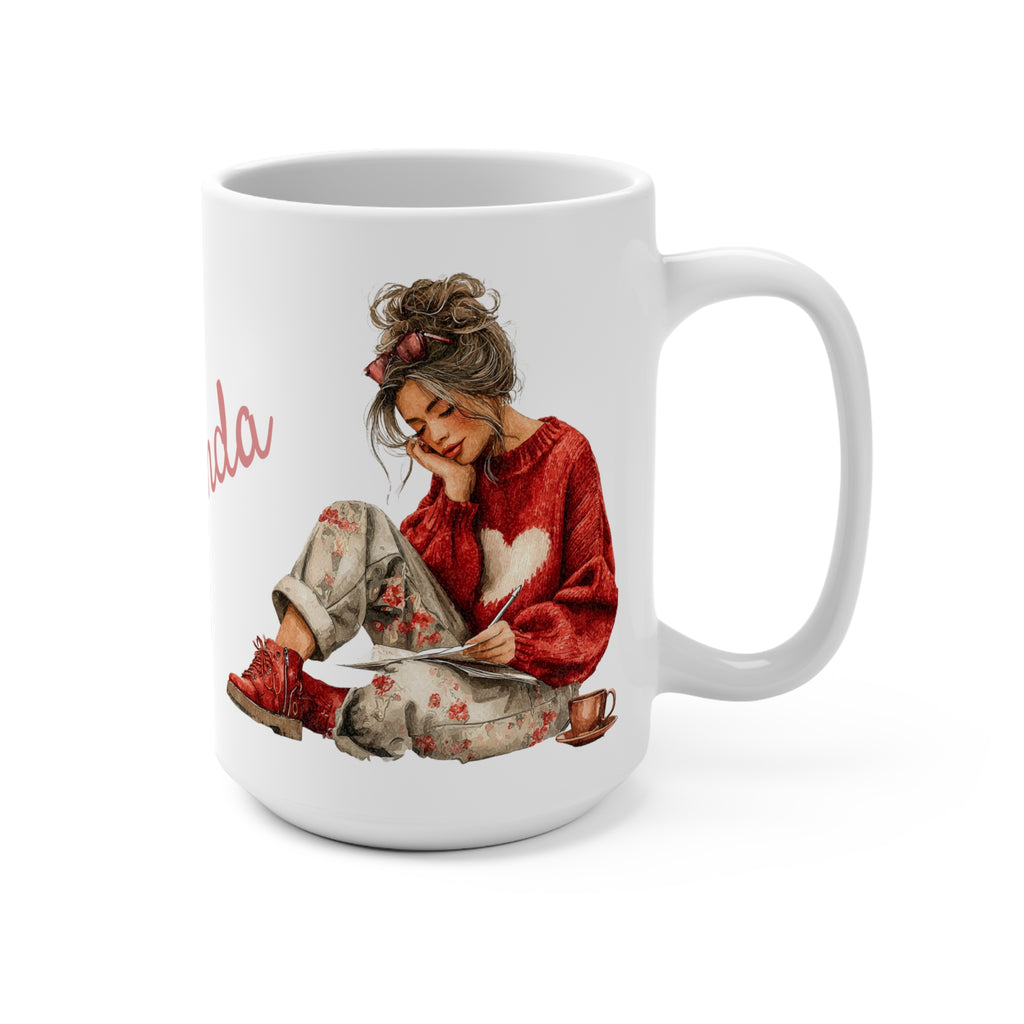 15oz Ceramic Mug — Cozy Girl Reading Design with Personalized Name