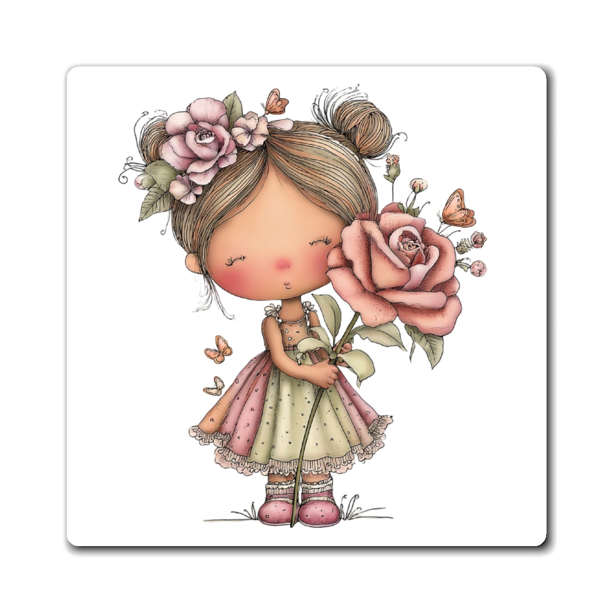 Cute Floral Girl Magnet — Pastel Rose Refrigerator Magnet for Kids & Nursery Decor
