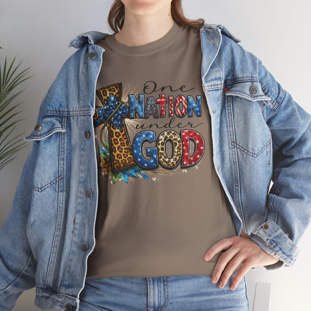 One Nation United Under God Tee — Patriotic Christian T-Shirt with Cross & Leopard Print