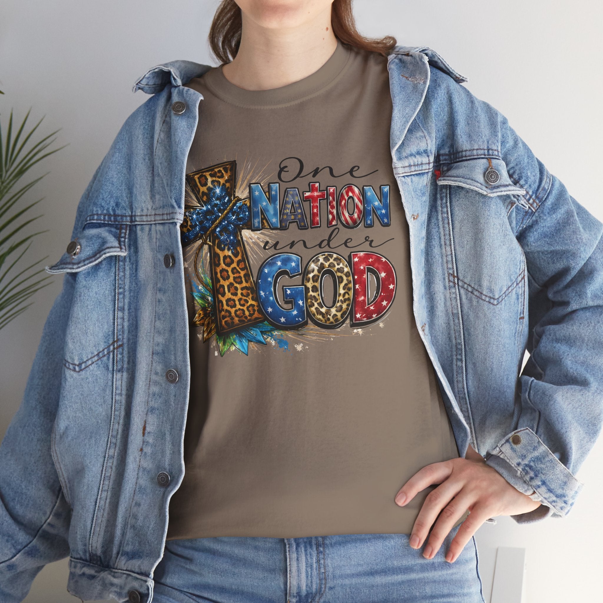 One Nation United Under God Tee — Patriotic Christian T-Shirt with Cross & Leopard Print