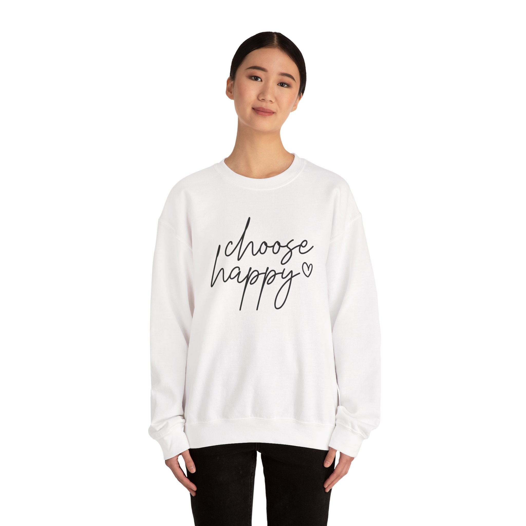 Choose Happy Crewneck Sweatshirt — Cozy Inspirational Pullover with Script Heart