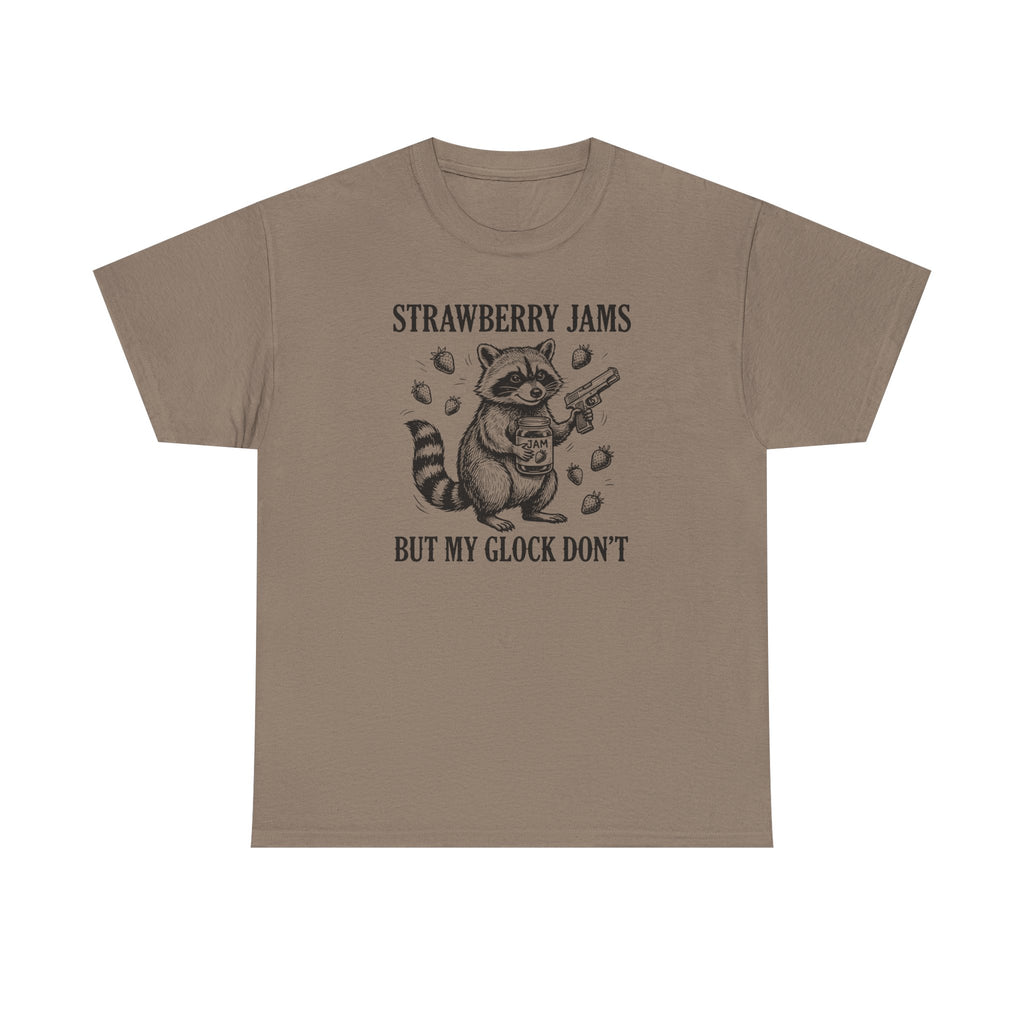 Strawberry Jams But My Glock Don’t T-Shirt — Funny Raccoon Gun Graphic Tee