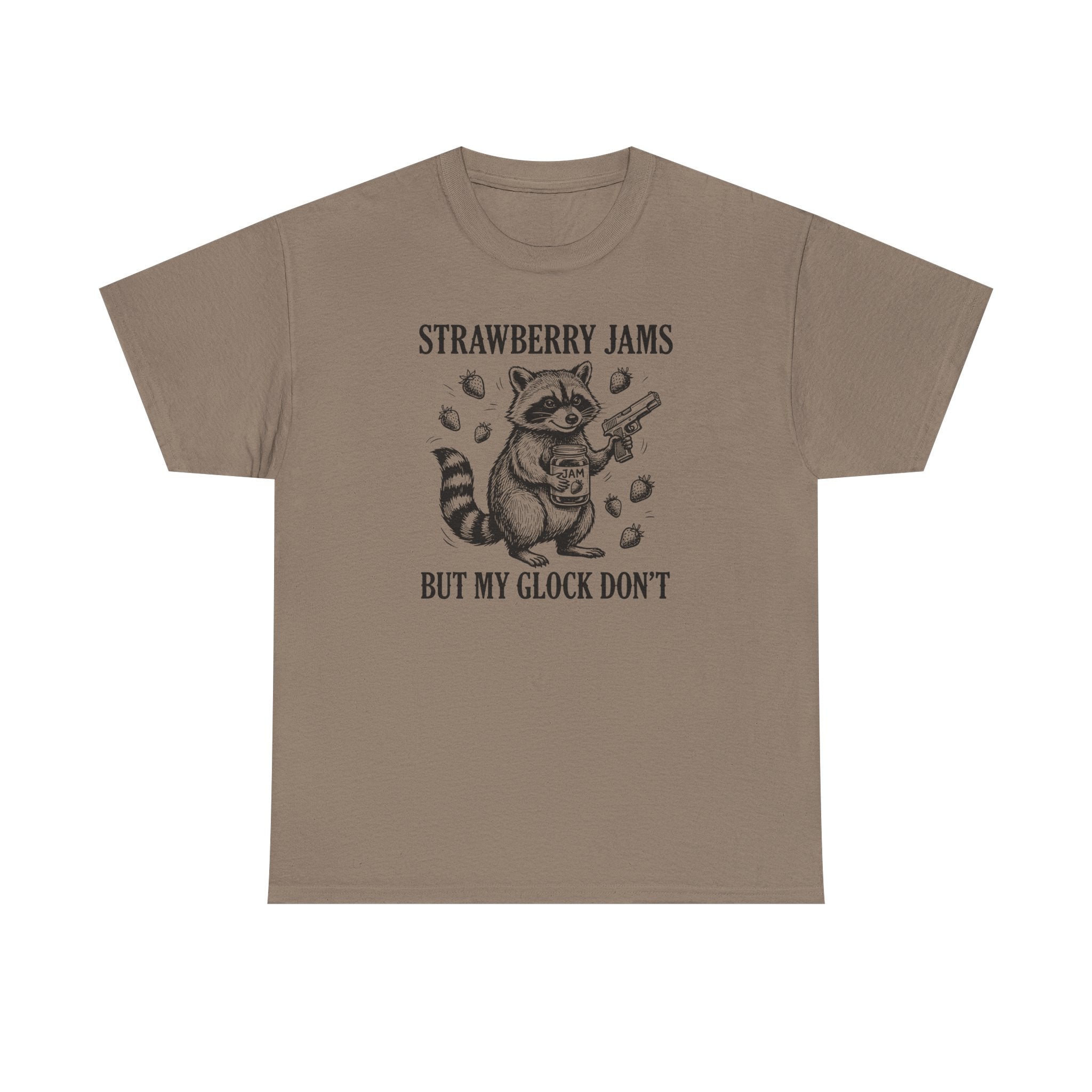 Strawberry Jams But My Glock Don’t T-Shirt — Funny Raccoon Gun Graphic Tee