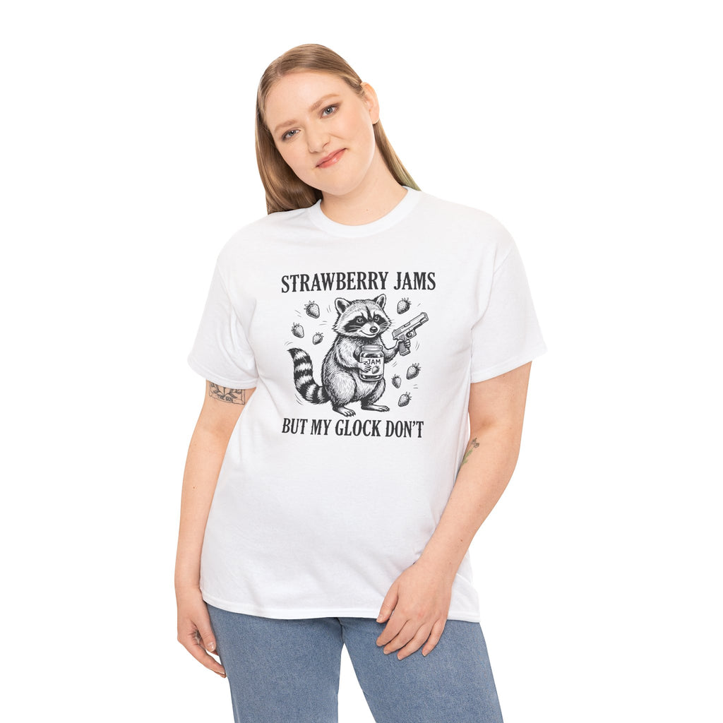 Strawberry Jams But My Glock Don’t T-Shirt — Funny Raccoon Gun Graphic Tee
