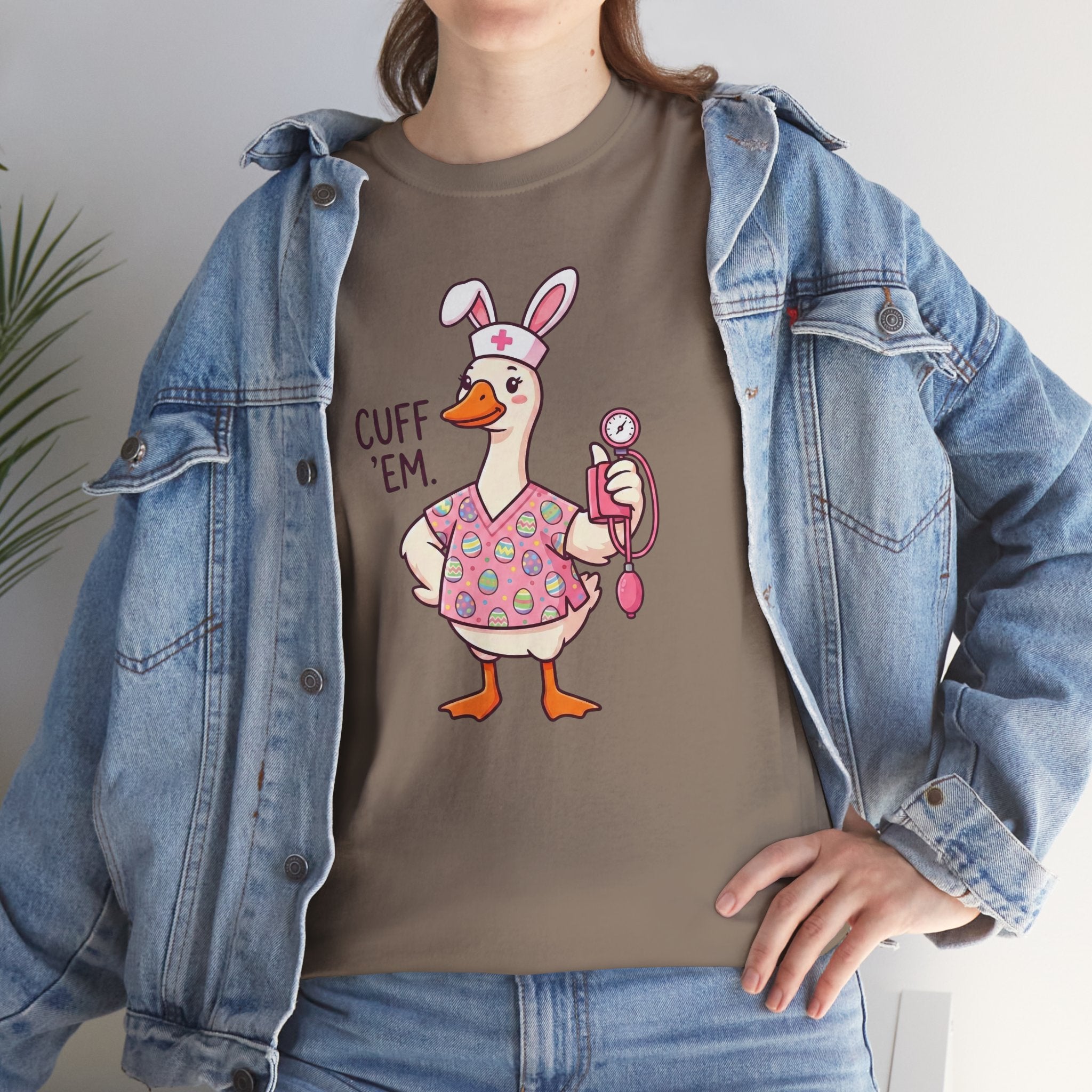 Nurse Goose in Bunny Costume T‑Shirt — "Cuff 'Em" Cute Novelty Tee