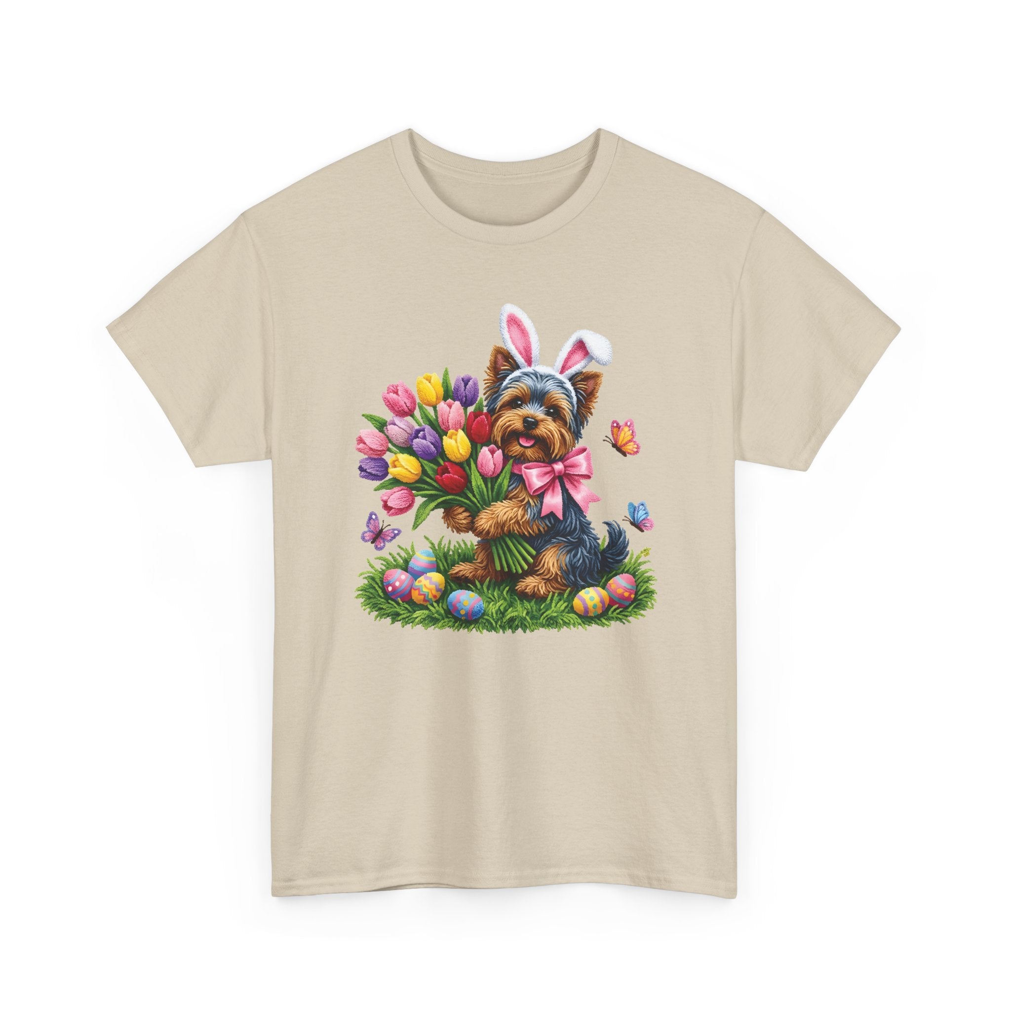 Easter Yorkie Tee — Cute Puppy with Tulips & Bunny Ears Graphic Shirt