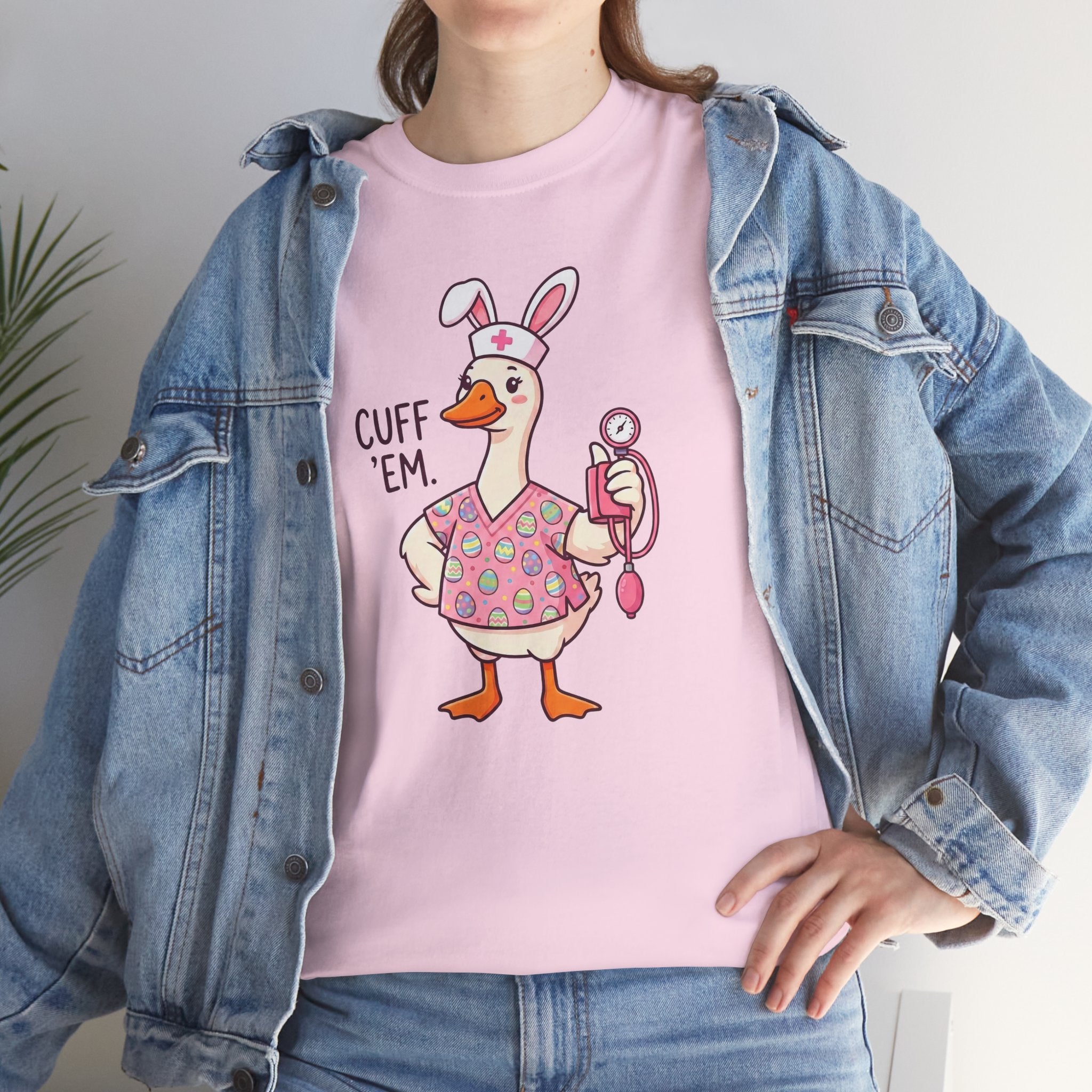 Nurse Goose in Bunny Costume T‑Shirt — "Cuff 'Em" Cute Novelty Tee