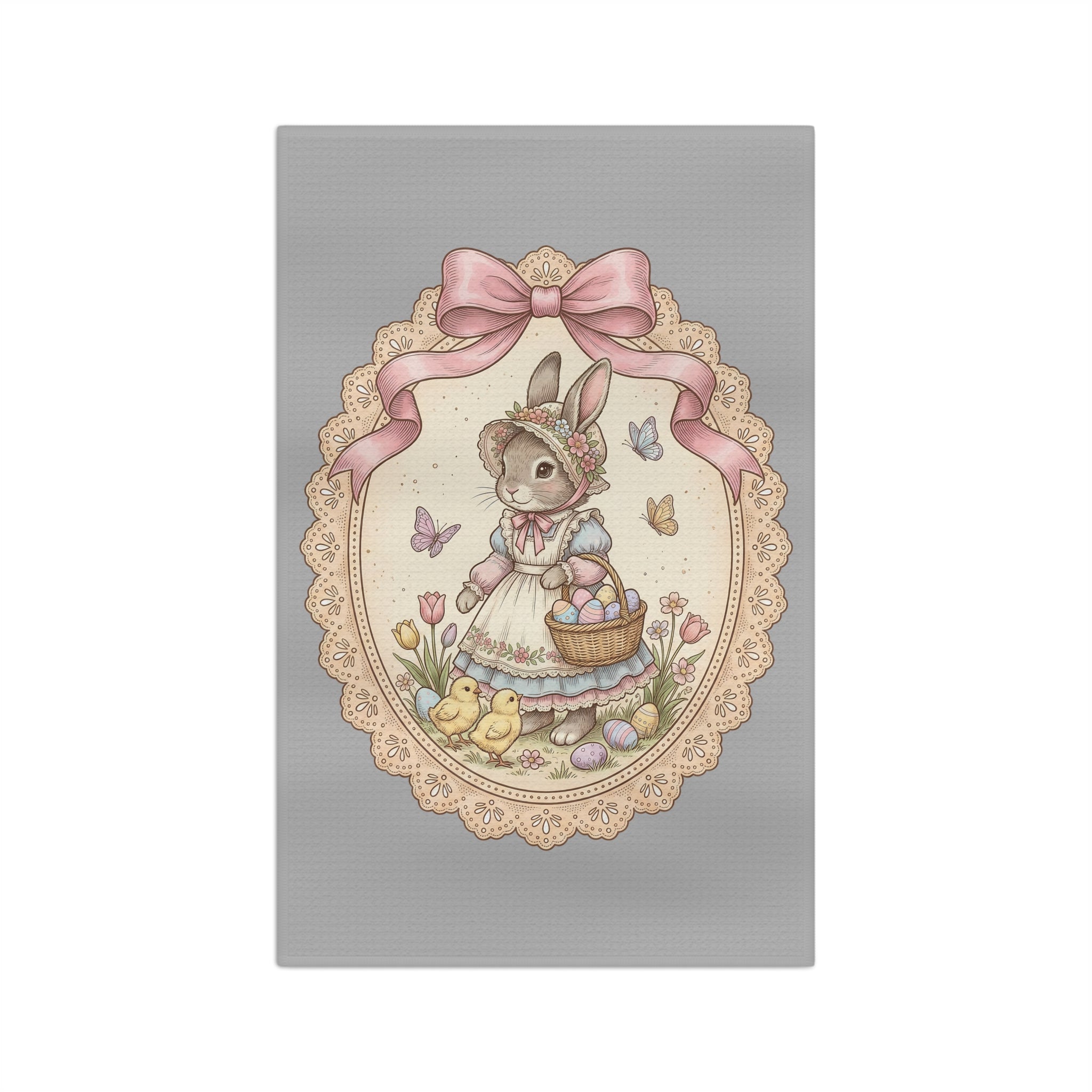 Easter Bunny Vintage Tea Towel — Microfiber Kitchen Towel with Basket & Chicks Design