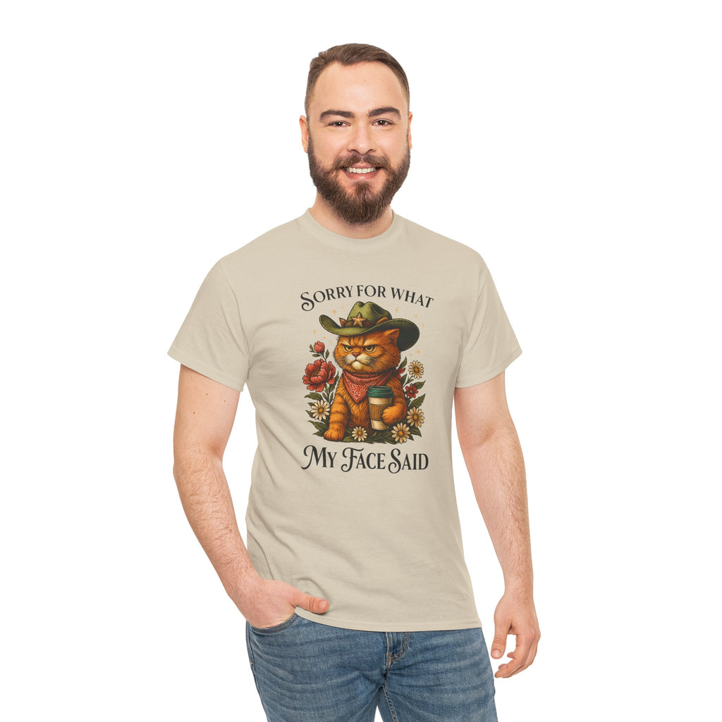 Funny Cat T-Shirt - "Sorry for What My Face Said" Country Cowboy Cat Graphic Tee