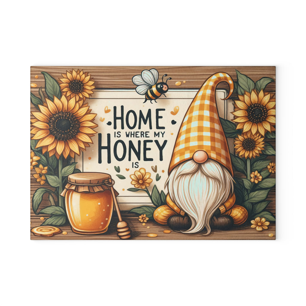 Charming Gnome Glass Cutting Board - Home is Where My Honey Is