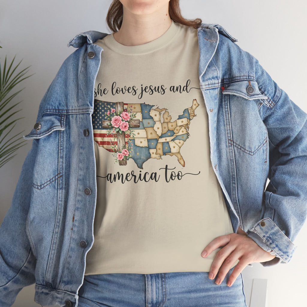 Patriotic Floral USA Tee - "She Loves Jesus and America Too" Christian Flag T-Shirt