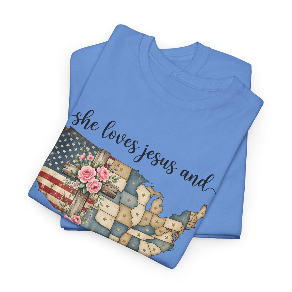 Patriotic Floral USA Tee - "She Loves Jesus and America Too" Christian Flag T-Shirt